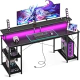 ODK 63 inch Computer Desk with Power Outlets & LED Lights&comma; Gaming Desk with Monitor Stand & Storage Sheves&comma; Home Office Desk&comma; Black