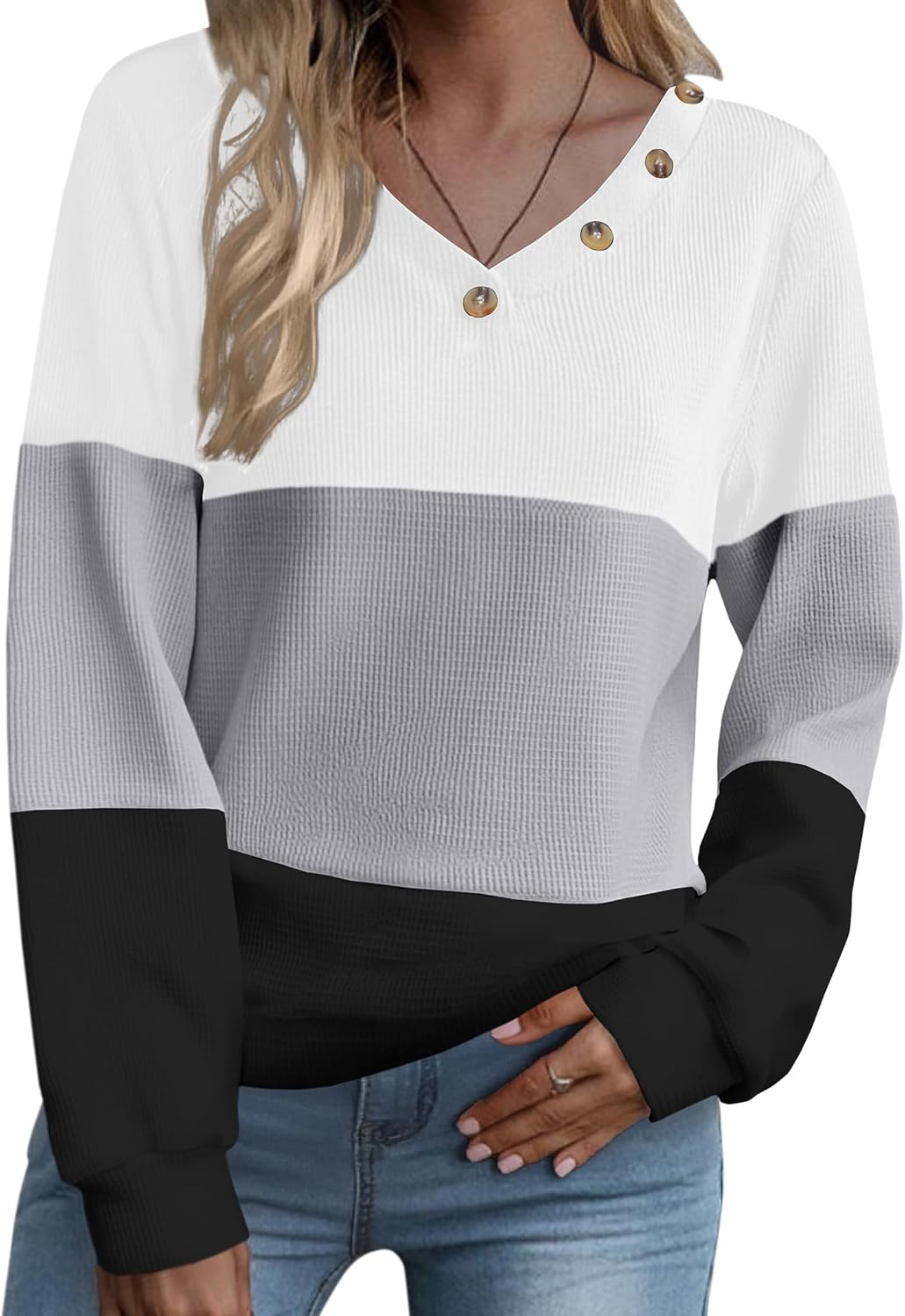 Zeagoo Women Waffle Knit Tops V Neck Long Sleeve Tunics Color Block Casual Blouse Fall Fashion 2026 Button Decor T Shirt