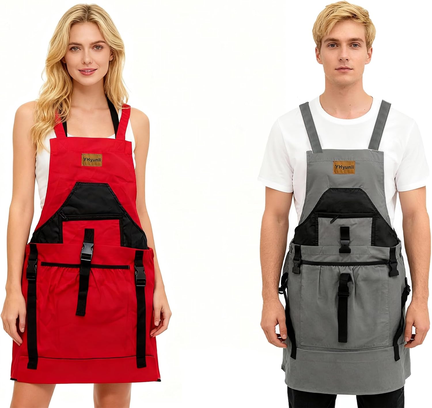 Gardening Apron, Two-Tone 2-Piece, Set Unisex cross-back design with pockets and extended drawstring storage pouch Great Gift Red/Gray