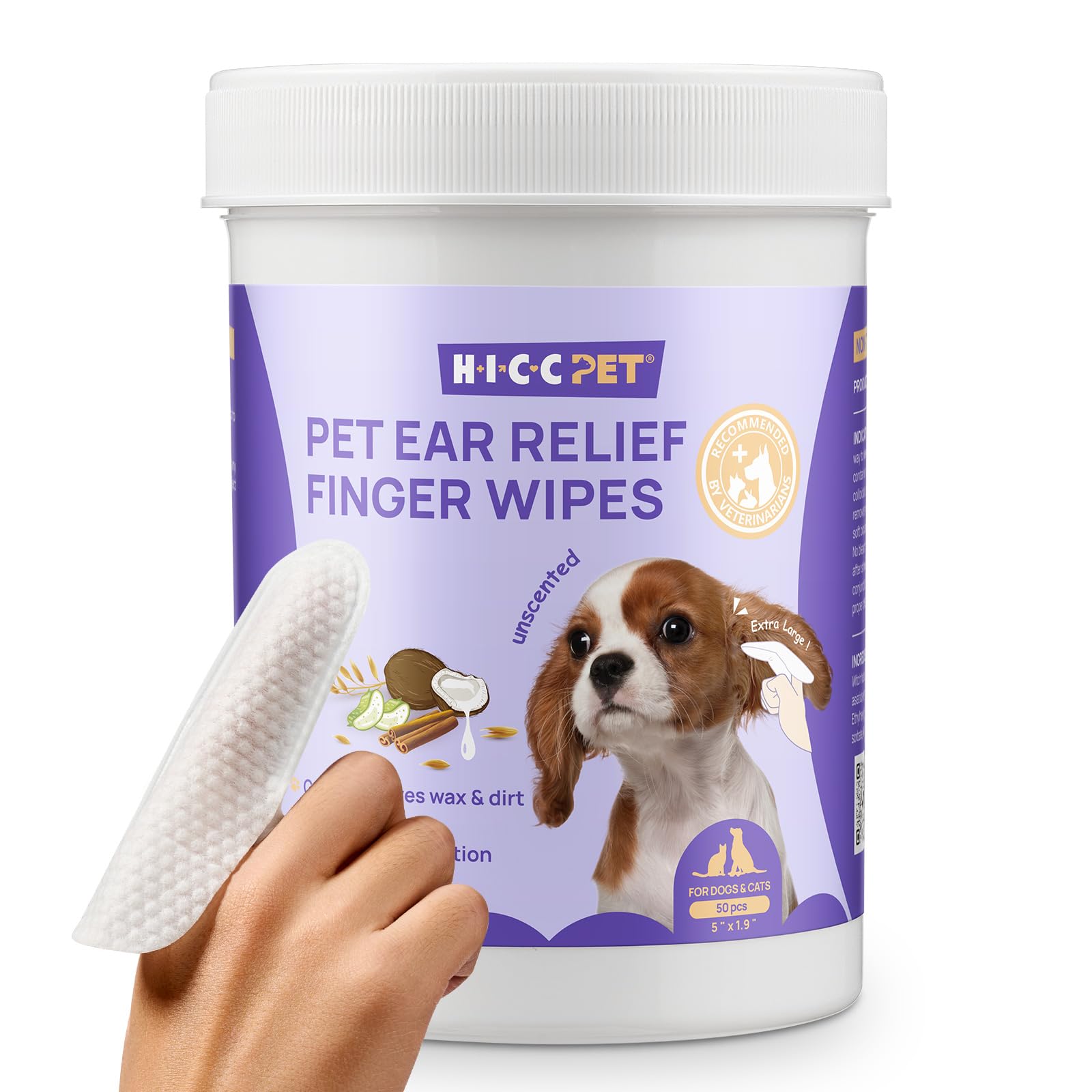 HICC PET Ear Cleaner Wipes for Dogs & Cats, Vet-Recommended Dog Ear Infection Treatment to Relief Itching & Inflammation, Remove Wax, Dirt & Stop Smelly, Cleaning Deodorizing Wipes 50ct(Unscented)