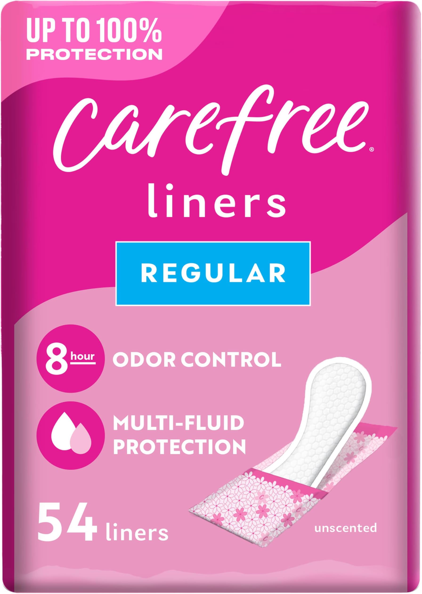 Carefree Panty Liners, Regular Liners, Wrapped, Unscented, 54ct (Packaging May Vary)