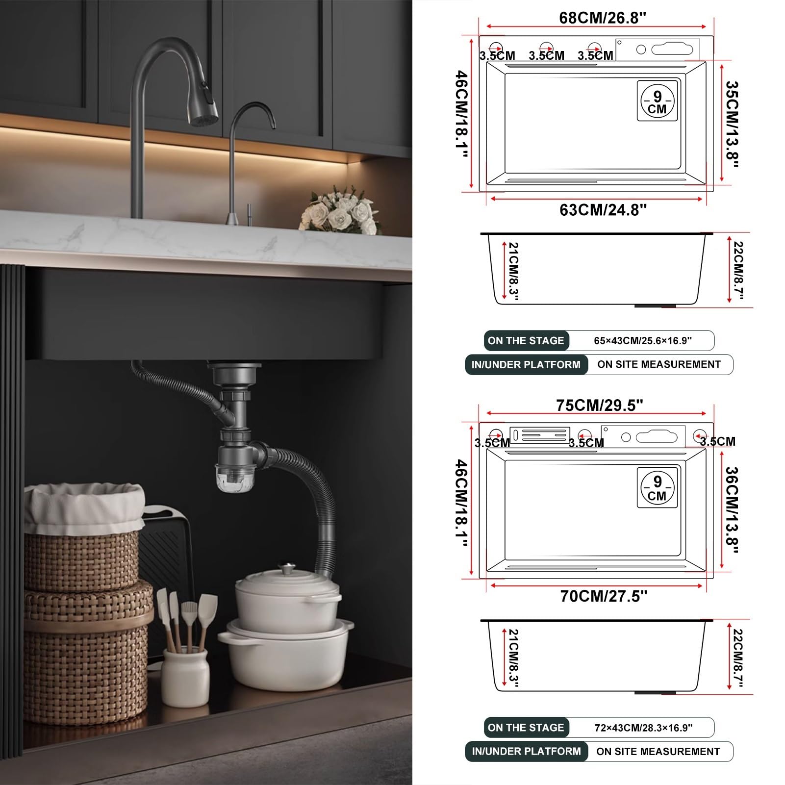 Nano Waterfall Sink Zlewozmywak kuchenny ze stali nierdzewnej 304, domowy, do warzyw, pojedynczy, zlew barowy, z wyciąganym kranem, myjka do kubków, kolor: A; wymiary: 75 x 46 cm