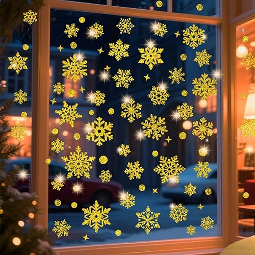 171 piezas de decoraciones navideñas para ventanas, copos de nieve dorados, calcomanías de doble cara, decoración de ventana, pared, puerta,