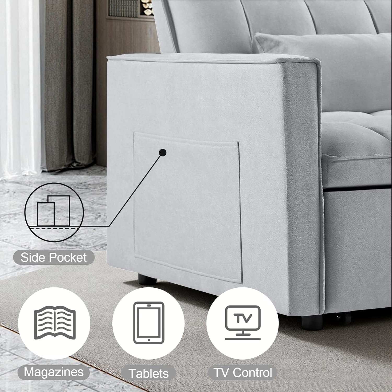 3 in 1 Convertible Sleeper Sofa Bed, 53" Pull Out Sofa Bed with 3-Level Adjustable Backrest, Velvet Fabric Loveseat Sleeper Couch for Living Room & Bedroom & Apartment & Dorm, Light Gray