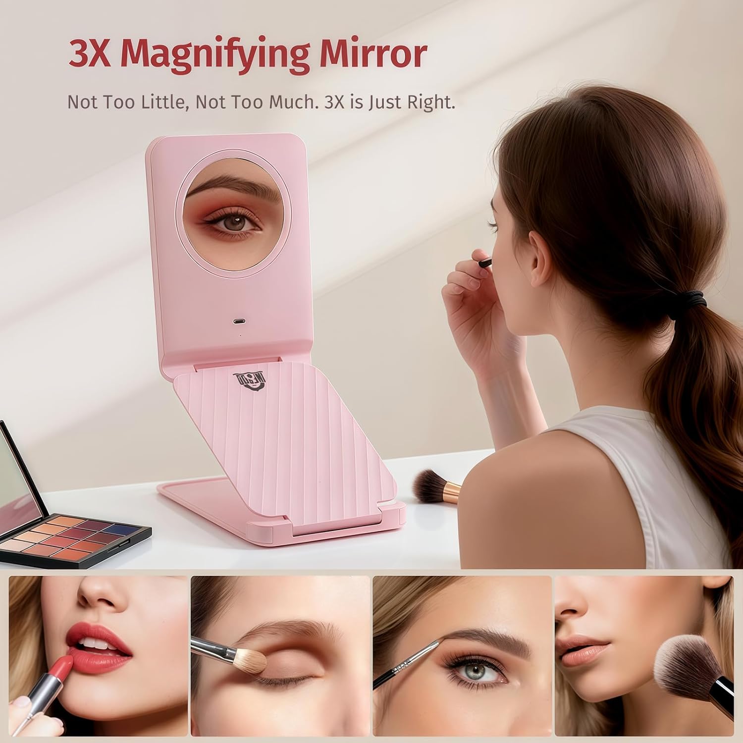 INFOOD Travel Makeup Mirror - Rechargeable LED Vanity Mirror 7.8x5 Inches with 1X/3X Magnifying, 3 Color Dimmable Light, Touch Screen, Foldable Design with Stand, Portable for Travel & Cosmetic, Pink