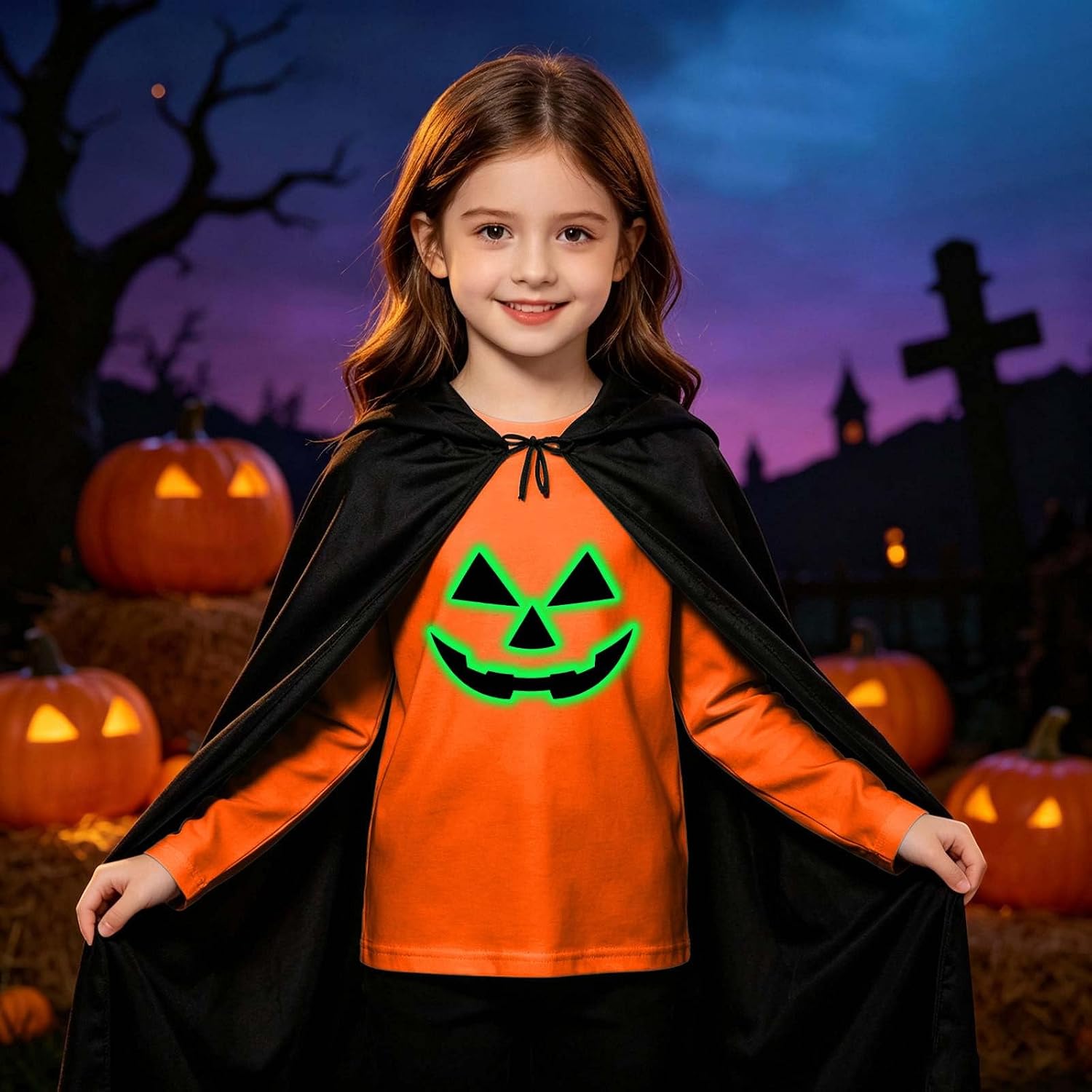 Kids Glows at Night Smile Pumpkin Face Halloween Hoodie Sweatshirt Top