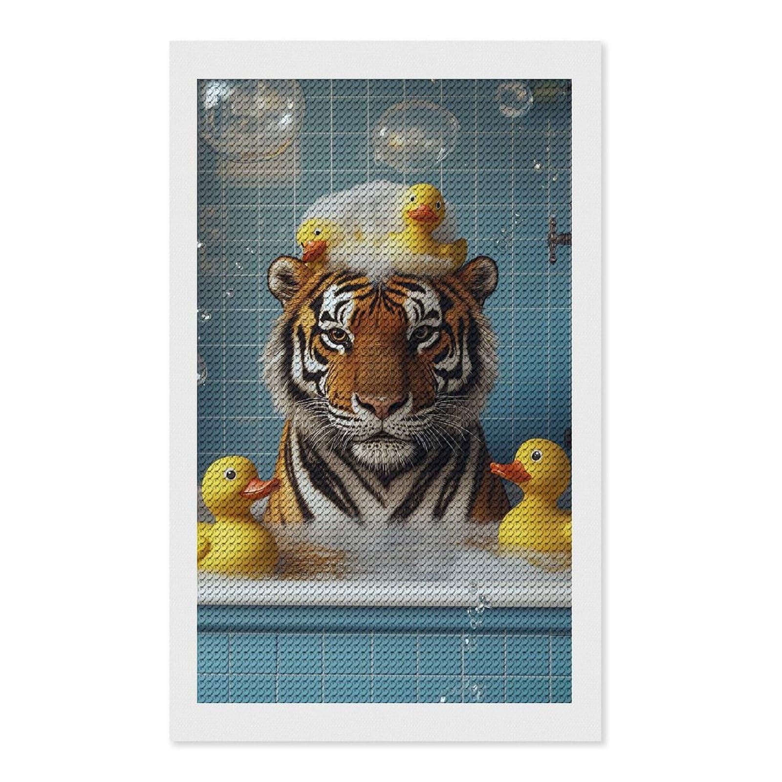 Junmoney Tiger in Bathtub with Rubber Ducks Diamond Painting Canvas Set 12"x20", for Beginners, Complete Accessories, Christmas Gift, Modern Decor