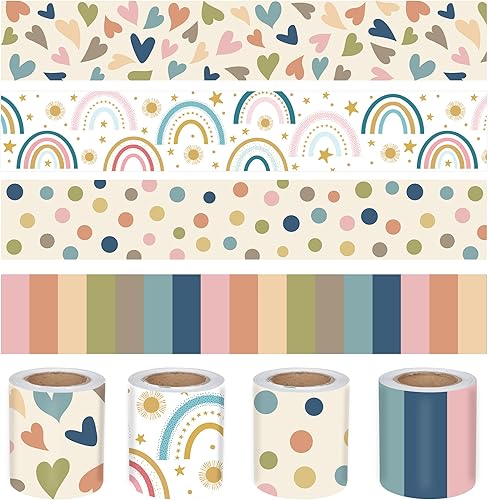 Bordes bohemios de 131 pies para tablón de anuncios, para aula, corazones de arcoíris, bordes rectos, calcomanías para decoración de aula, escuela,