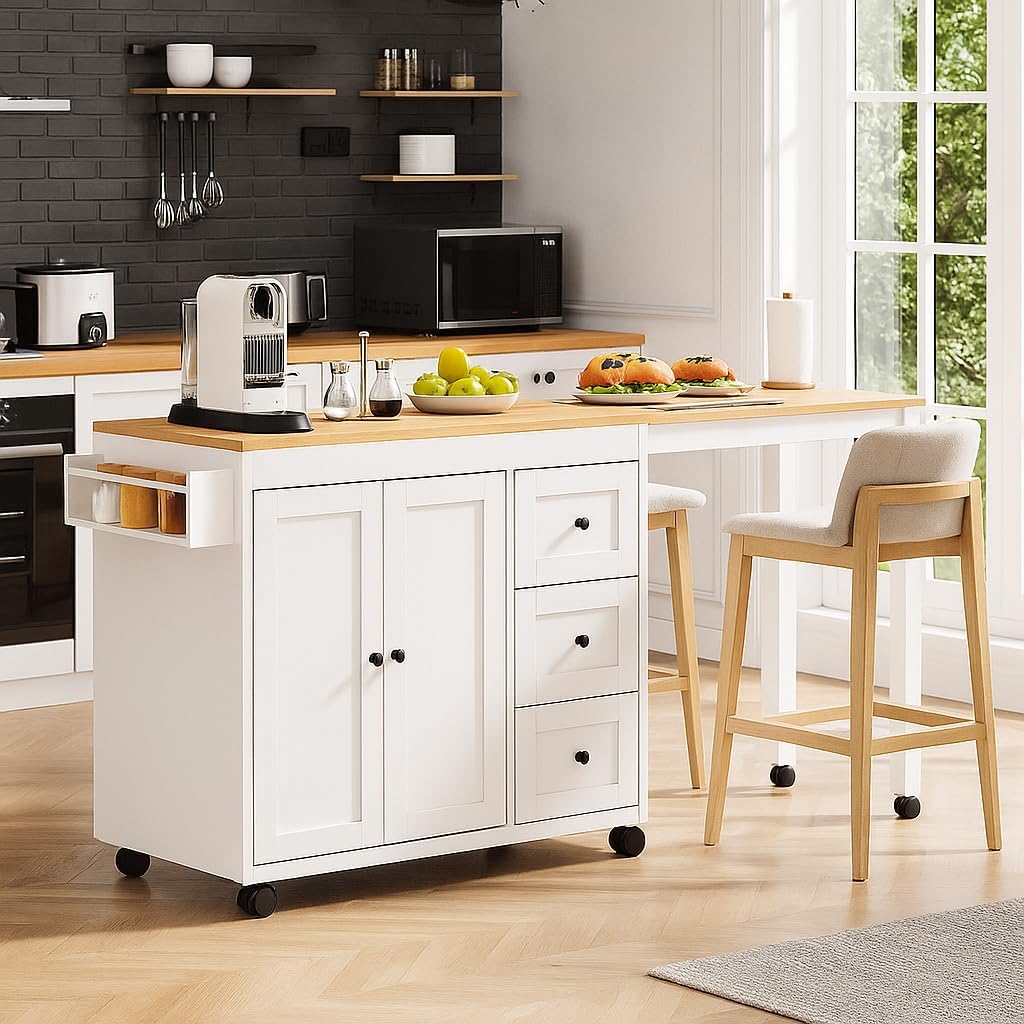 K&K 74.8" Kitchen Island with Extendable Dining Table, Kitchen Storage Cart with 3 Drawers, Power Outlet, Rolling Kitchen Island on Wheels with Spice Rack and 2 Door Cabinet, for Kitchen, White