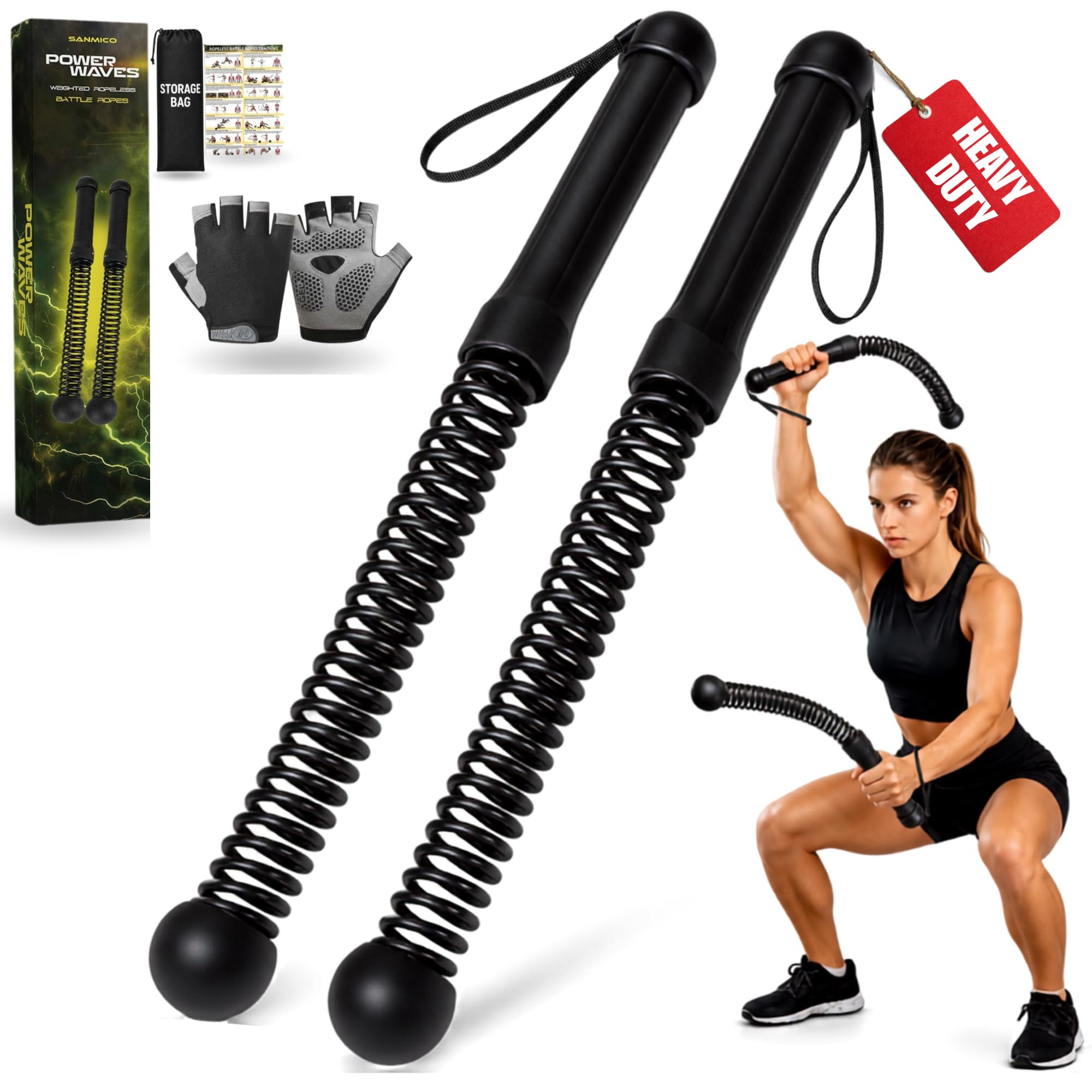 Weighted Ropeless Battle Ropes 2 Pack – 2026 Edition | Cordless Portable No Anchor Battle Rope for Home Gym &amp; Apartment | HIIT Strength &amp; Cardio | Non-Slip Handle | Gloves &amp; Exercise Poster