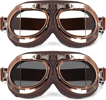 Lievermo Vintage Helmet Goggles 2 Pack Motorcycle Dirt Bike ATV Goggles Vintage Pilot Aviator Cruiser Scooter Off Road Motorcross Eyewear Glasses Dustproof Windproof for Men Women Smoke+Clear