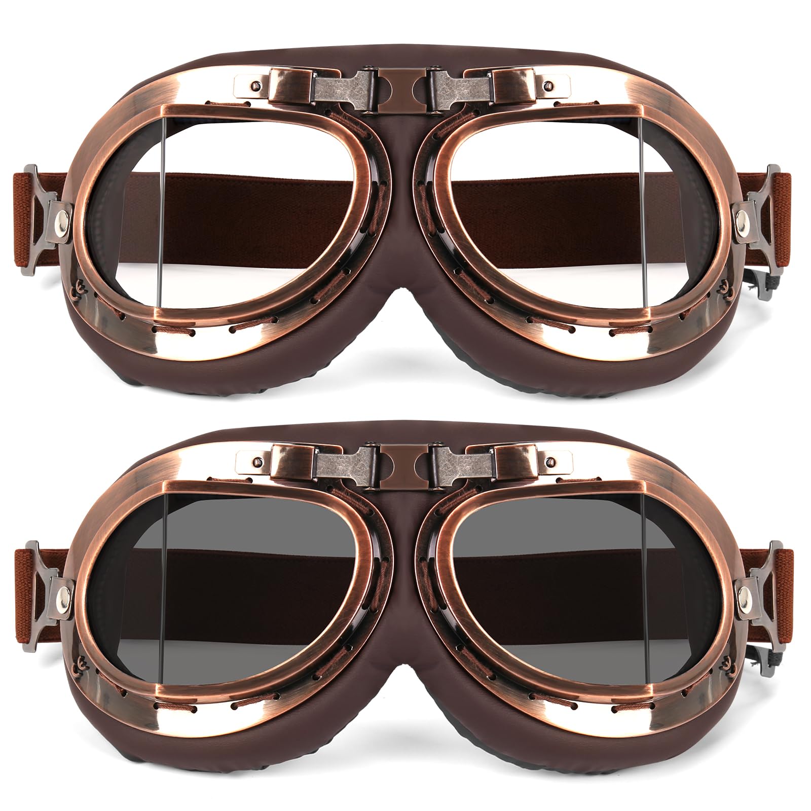 Lievermo Vintage Helmet Goggles 2 Pack Motorcycle Dirt Bike ATV Goggles Vintage Pilot Aviator Cruiser Scooter Off Road Motorcross Eyewear Glasses Dustproof Windproof for Men Women (Smoke+Clear)