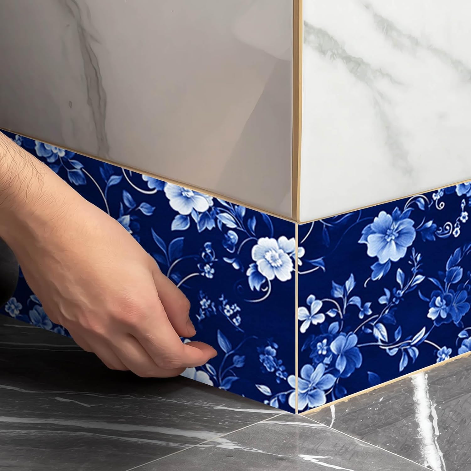 IVN Wallpaper Border Peel and Stick Decorative Wall Trim Self Adhesive Blue Floral Accent Strip for Bathroom Laundry Room Pool Area Mirror Frame Shelf Wall Edge 4x196 Inch Elegant Design