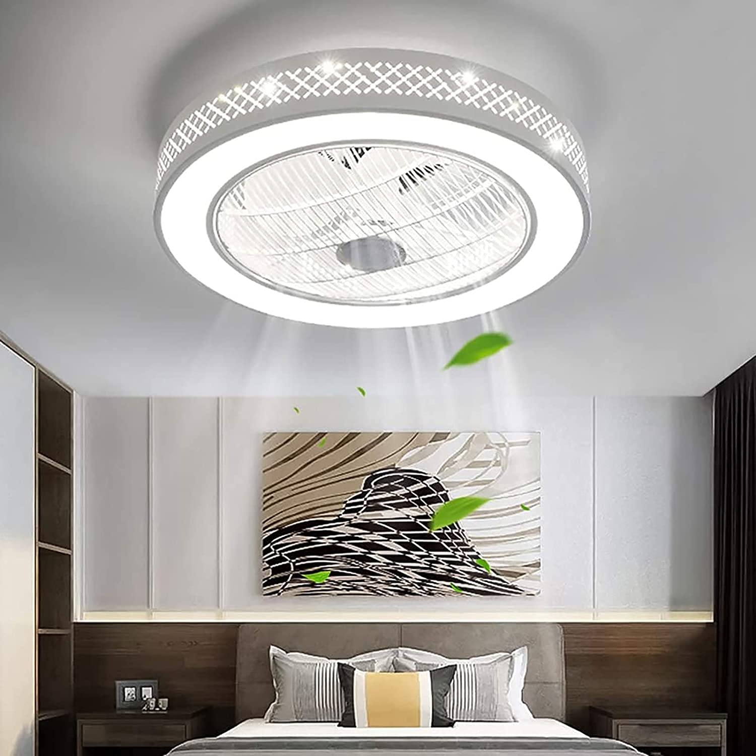 Fashionable chandelier letaowl 22" Round Invisible Ceiling Fan with Light,Modern Semi Flush Mount Low Profile Fan with Remote,3 Speeds Adjustable 3 Colors Dimmable Enclosed Fan Chandelier Light for Ho
