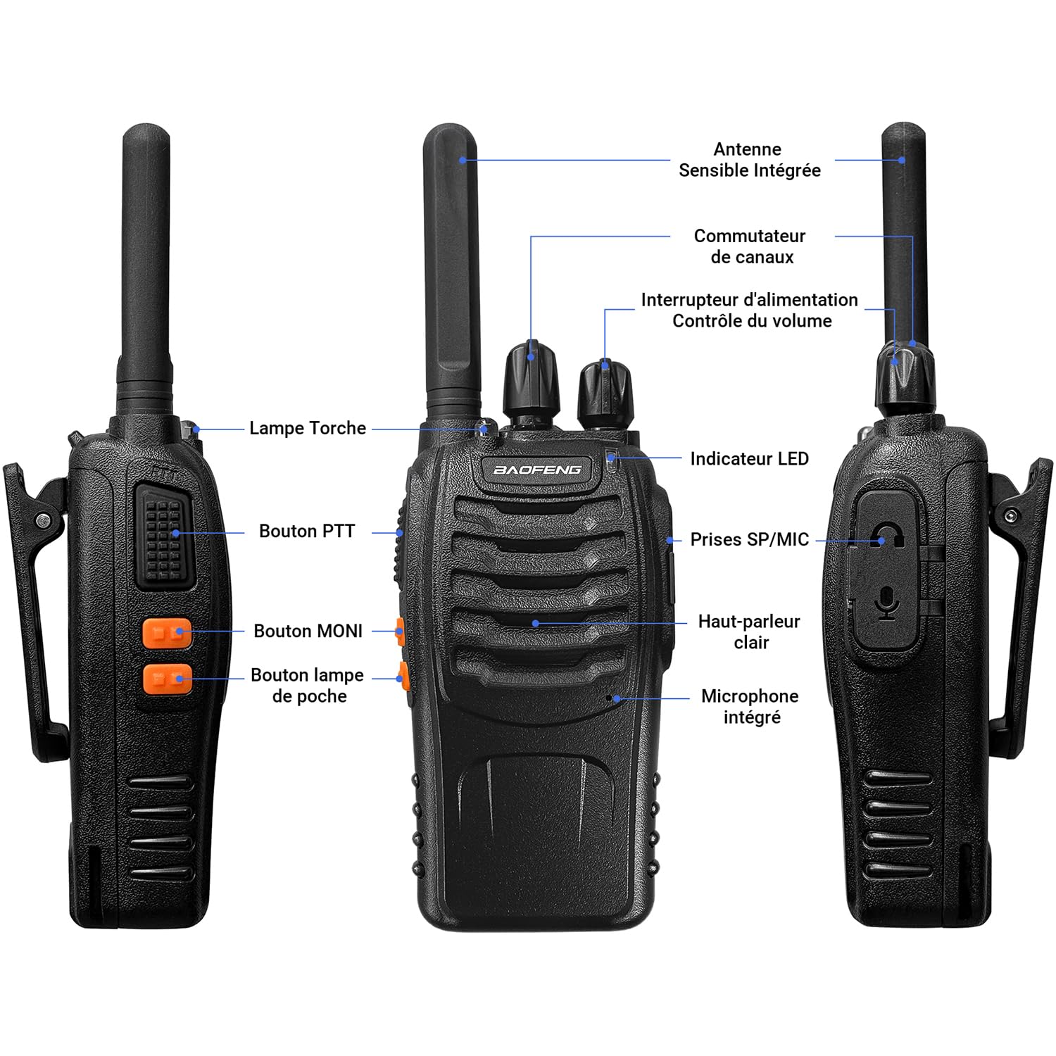 Baofeng Talkie Walkies BF-88X Radio bidirectionnelle Professionnel Portable 16Canaux VOX Talkie Walkie Rechargeable Interphones, Oreillettes Batterie et Chargeur Inclus(2 pièces)