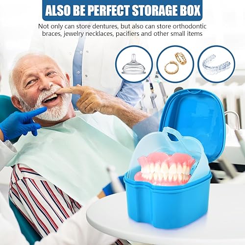 Miniatura 5 de Caja de baño para dentaduras con recipiente, vaso y portacepillos de color azul claro, con cepillo limpiador de dentaduras, colador y cesta para