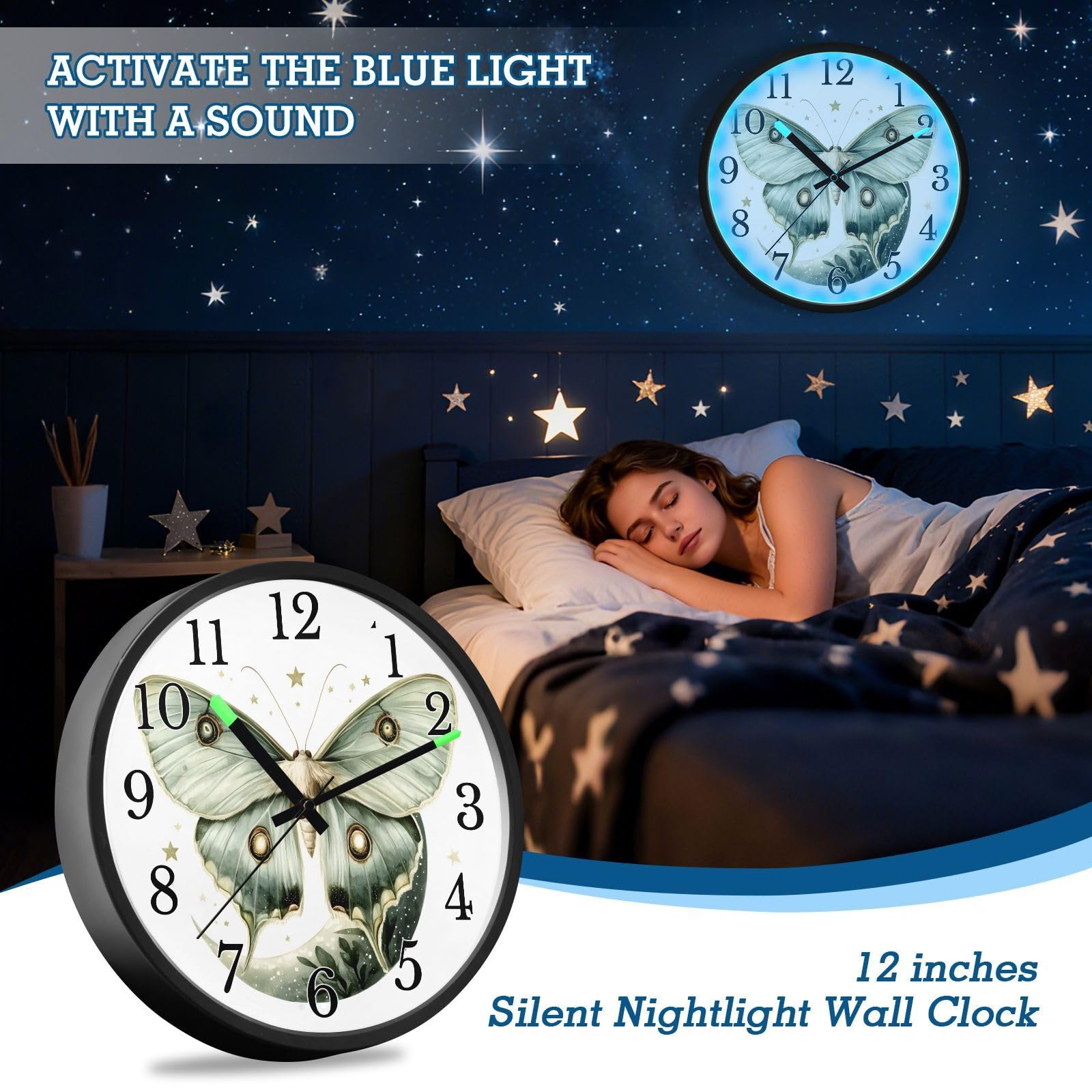 Mnsruu Reloj de pared luminoso Luna polilla luna blanca estrellas reloj de pared brilla en la oscuridad relojes de pared funciona con pilas, 12 pulgadas, silencioso, sin tictac, luz nocturna para