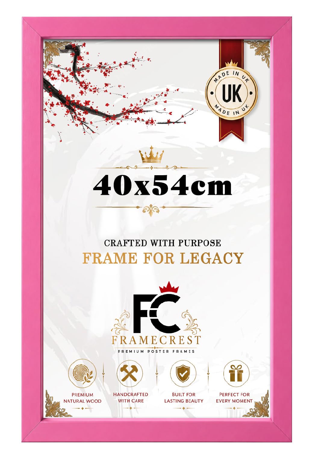 FRAMECREST Personalized 40x54cm Poster Frame | Picture Frame | MDF Wood HD Styrene | Horizontal Vertical Hanging | For Anniversary/Birthday/Wedding/Gift-[Pink]