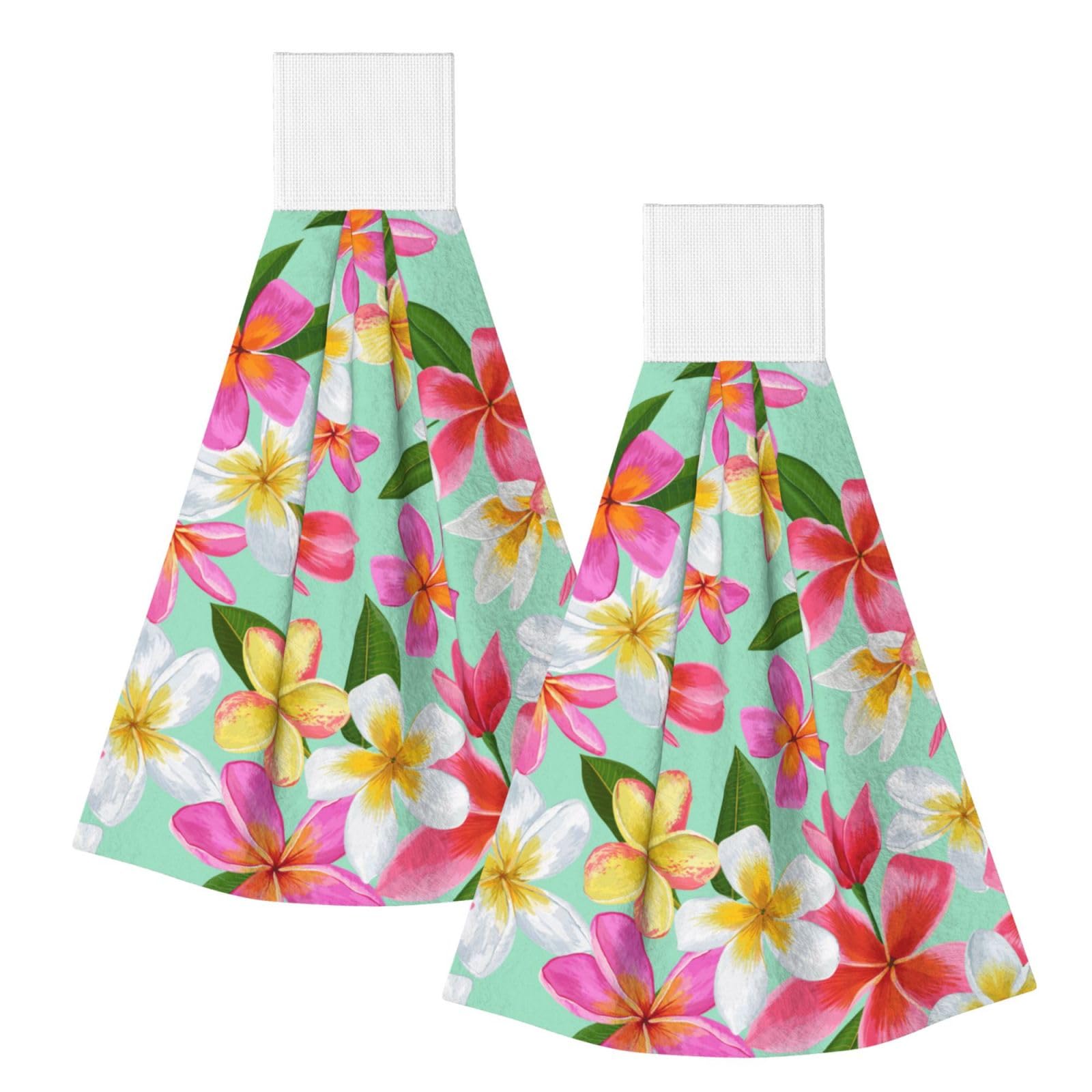 DOPKLNA Watercolor Tropical Flowers Floral Plumeria, 2 Pcs Hanging Coral Fiber Hand Towels for Bathroom, Absorbent Kitchen Towels