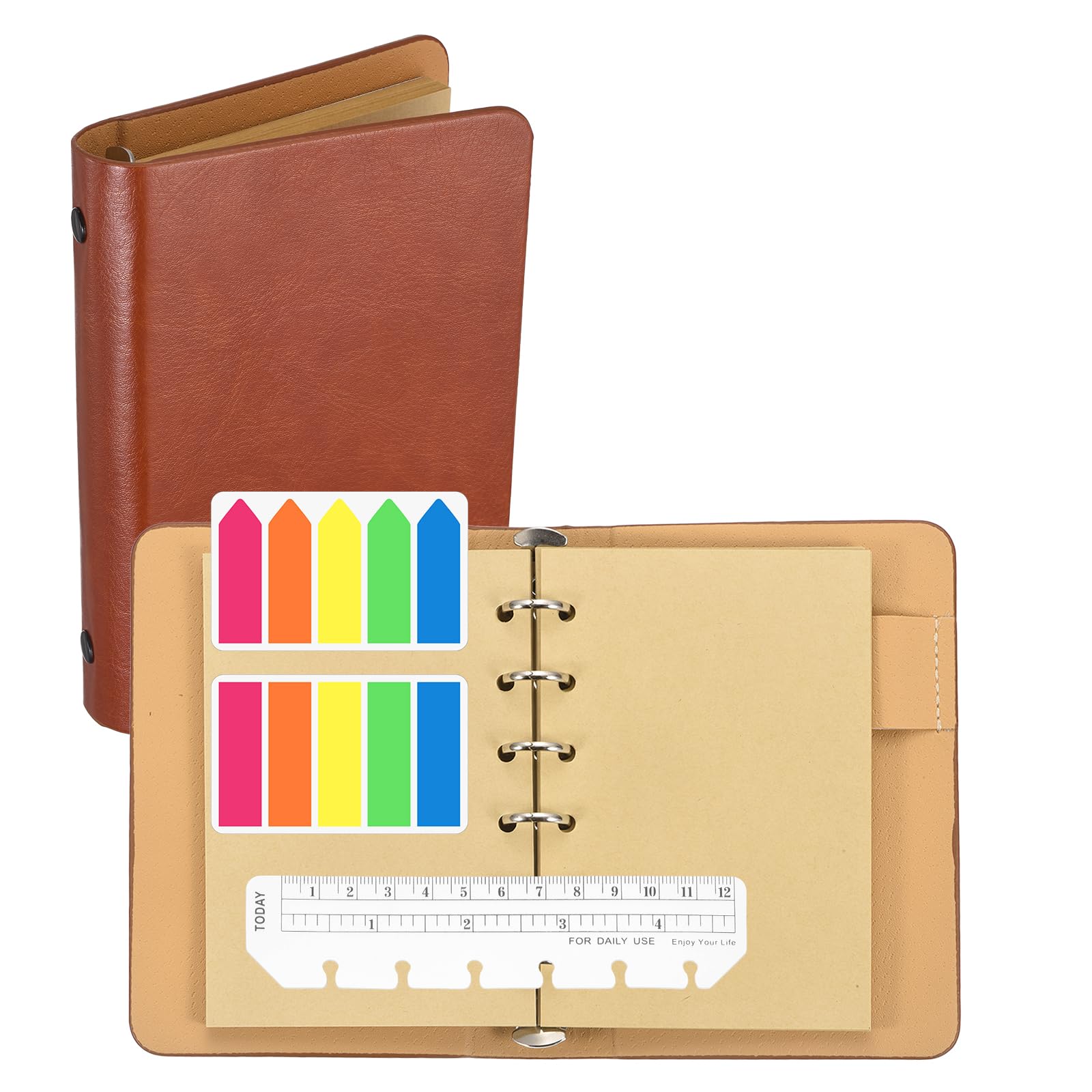 PATIKIL A6 Kraft Pages 6 Ring Binder, Leather Notebook with Transparent Bookmark Ruler and Colorful Index Sticky Tabs for Office Study Work, Brown