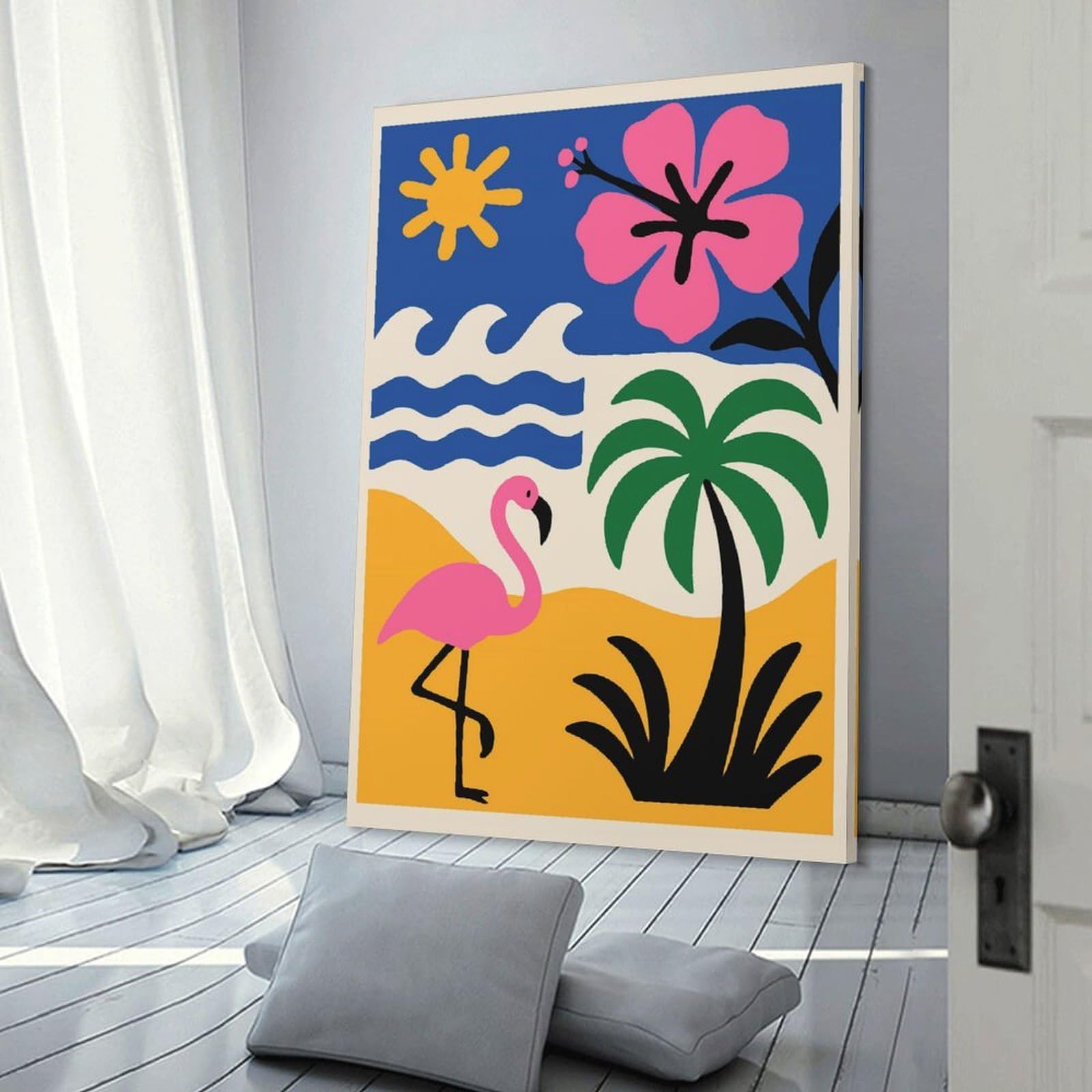 Junmoney Frame-Style-10 Wall Decor Canvas Print Tropical Beach Scene With Flamingo, 20X30inch(50X75cm), For Study, Office Or Focused Interiors, Wall Art That Adds Style To Work Areas
