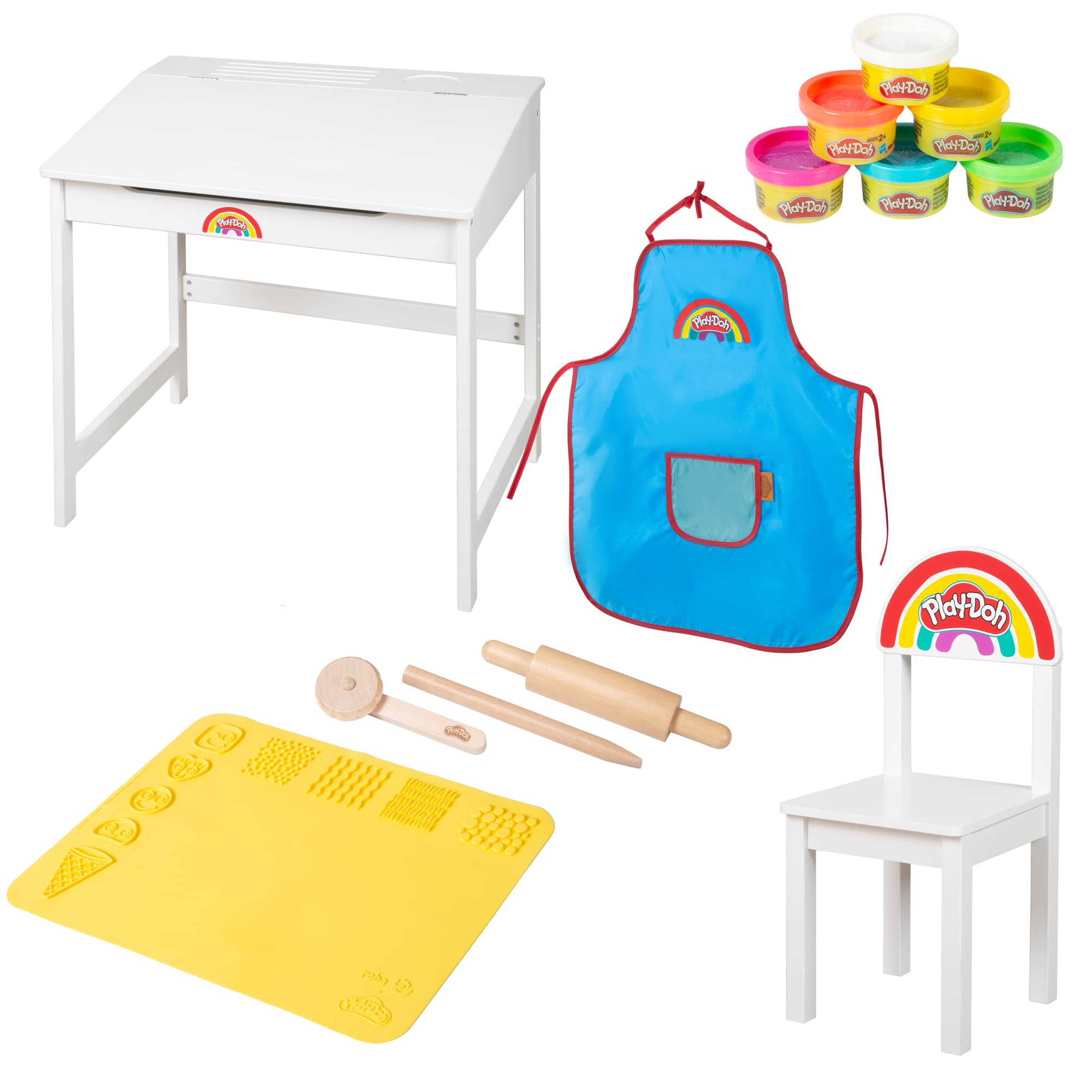 roba x Play-Doh Schulpult - FSC-Holzwerkzeuge, 3D-Kreativmatte, 6 Knetdosen, Schürze & Stuhl - Kreatives Mal-, Bastel- und Spielpult - Für Kinder ab ab 3 Jahren