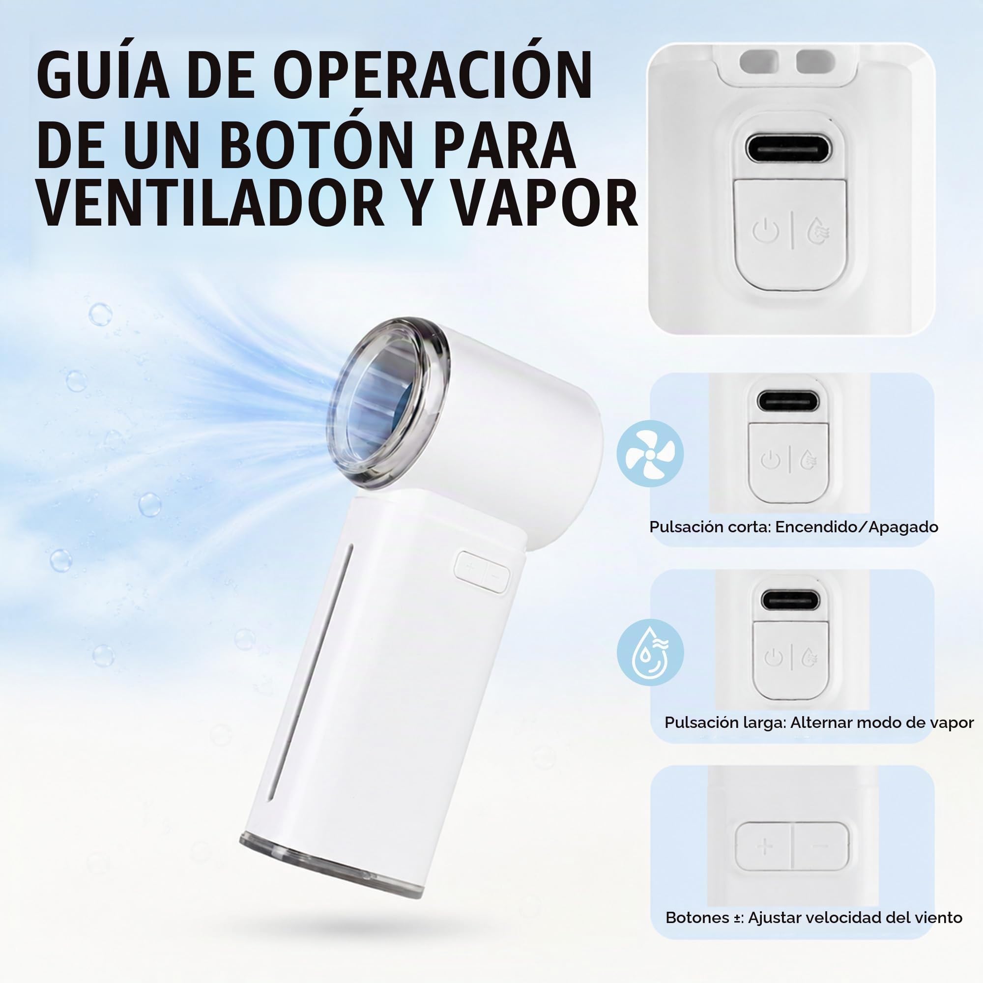 Ventilador con Humidificador CHICGADGETS – Turbo 13m/s, 199 velocidades, Bruma Refrescante 16°C, Depósito Antibacteriano, 15h Autonomía, Pantalla LCD, USB-C – Blanco/Gris