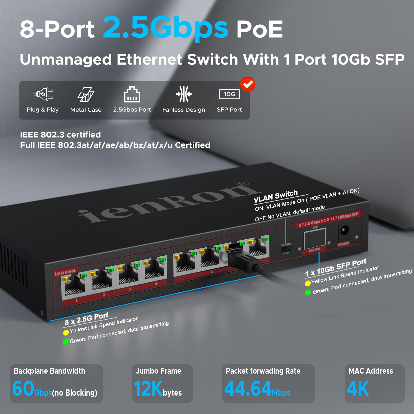 Switch PoE a 8 porte da 2,5 GB con Uplink SFP+ da 10 Gb | 15 W per porta, budget totale 120 W, IEEE802.3af | Supporto VLAN | Alloggiamento in metallo senza ventole | Plug & Play | Montabile a parete |