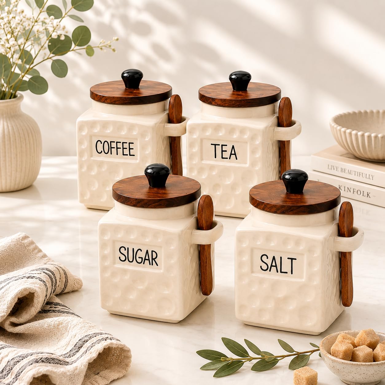 The Deluxe Creations Ceramic Tea Coffee Sugar Salt Jars Set with Wooden Lid & Spoon | Premium Kitchen Storage Canisters | Airtight Containers | 500 ML Each | Set of 4-image-32