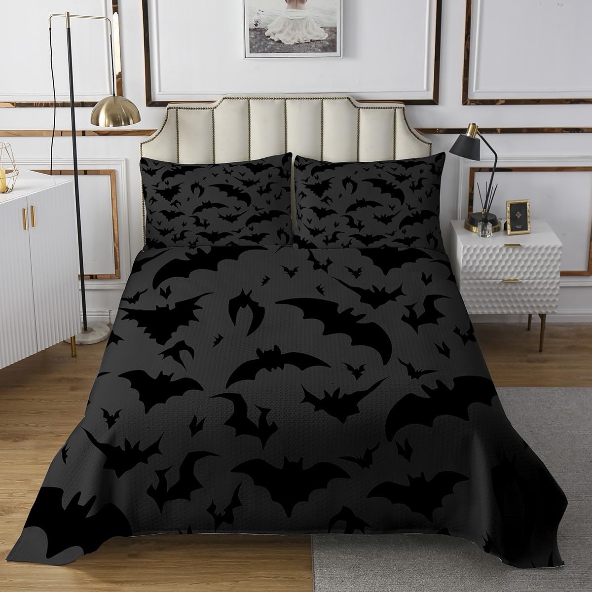 Castle Fairy Bats Bedspread Twin Size,Night Bedding Coverlet for Kids Teens Bedroom Decor,Black and Gray Bedding Set 2Pcs,1 Pillowcase