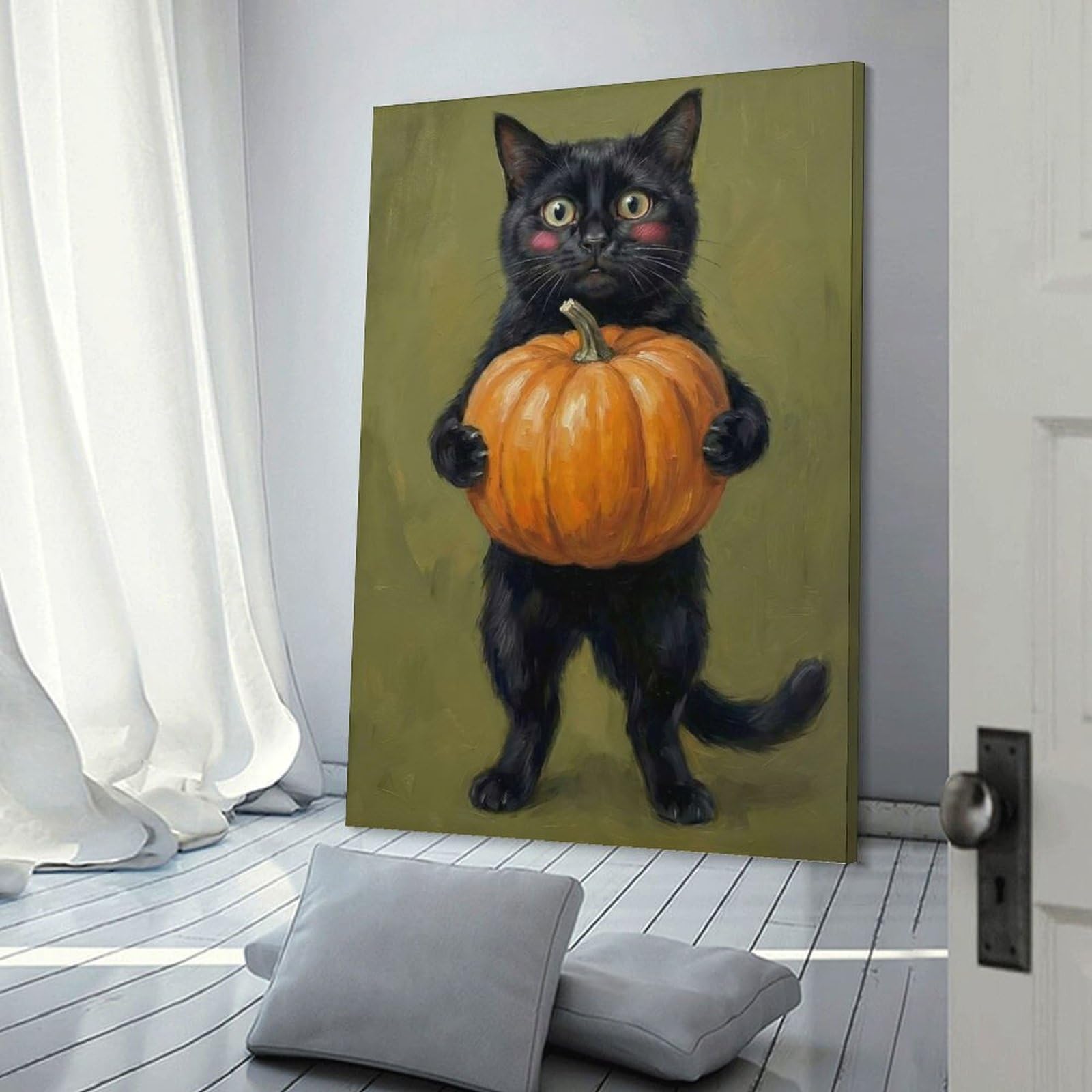 Junmoney Frame-Style-10 Wall Picture Print Black Cat Holding A Pumpkin, 24X36inch(60X90cm), For Contemporary Homes, Apartments Or Offices, Decorative Canvas Decor For Home Updates