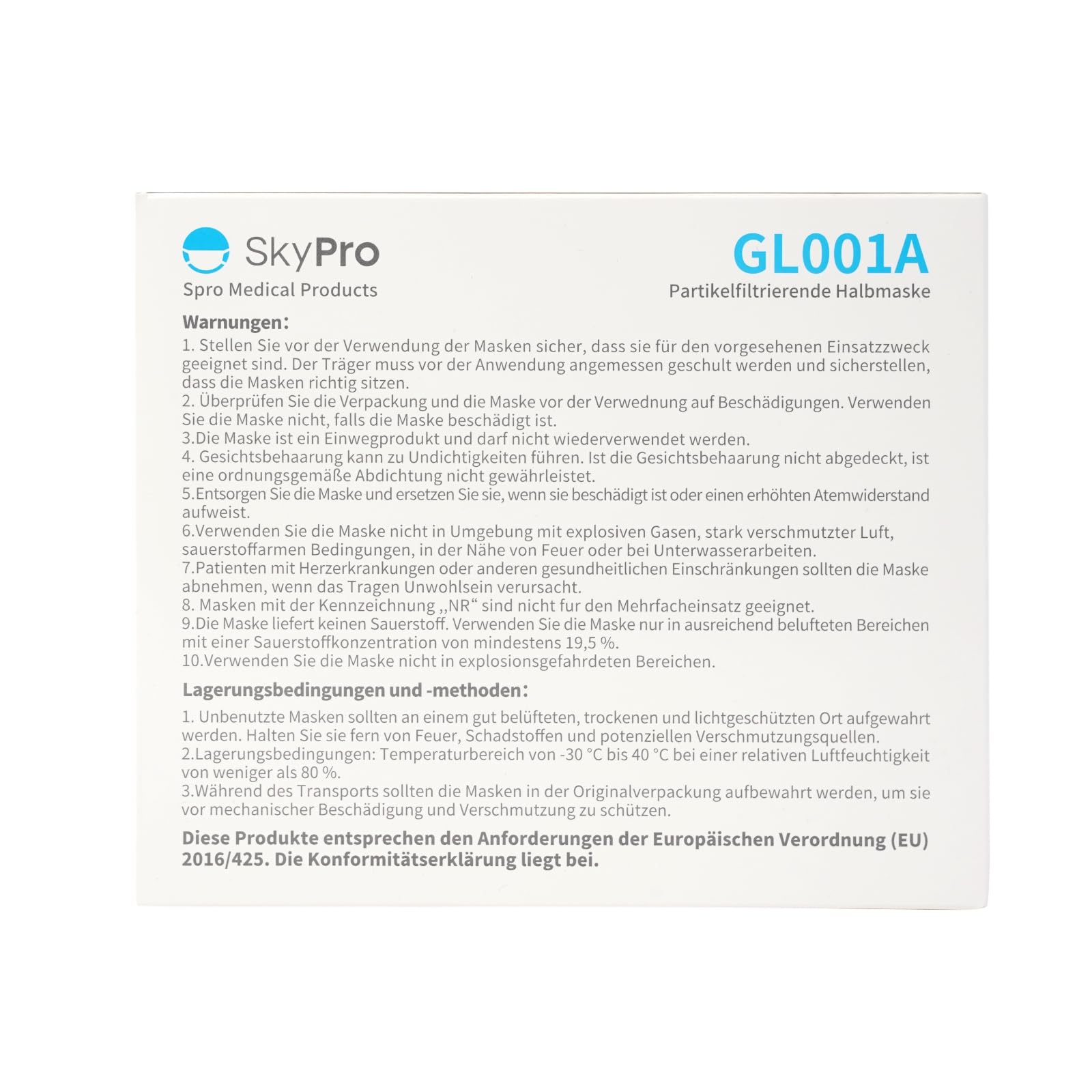 SKYPRO GL001A Kopfband FFP2 Atemschutz Maske mit 50 Stück pro Box (Einzeln Verpackt) - Hochwertige und Komfortable Staubschutzmaske