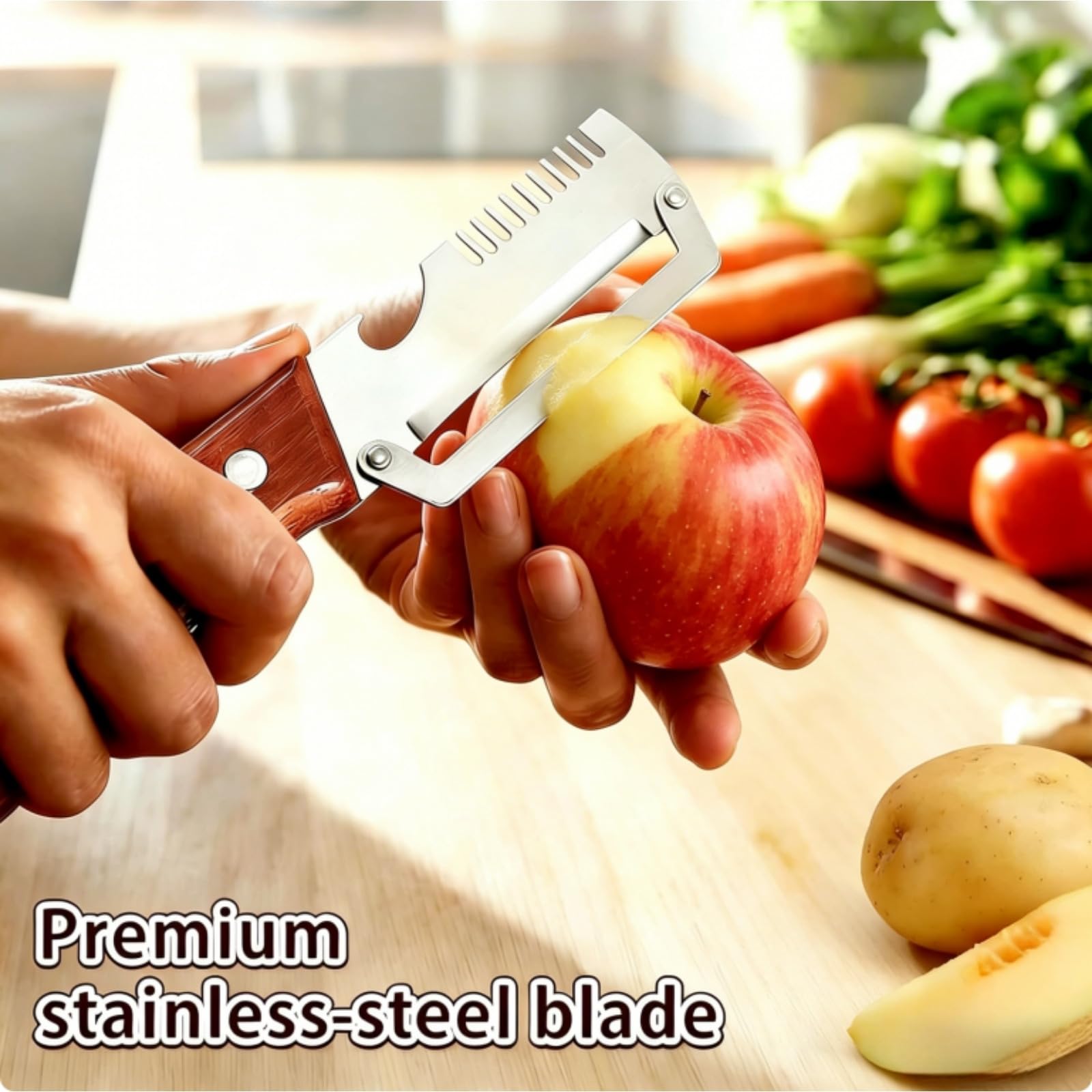 2-Pack Multifunctional Vegetable Peeler, 3 in 1 Kitchen Peeler with Wooden Handle, Grater & Bottle Opener for Potato, Carrot, Apple, Fruit & Vegetable — view 6