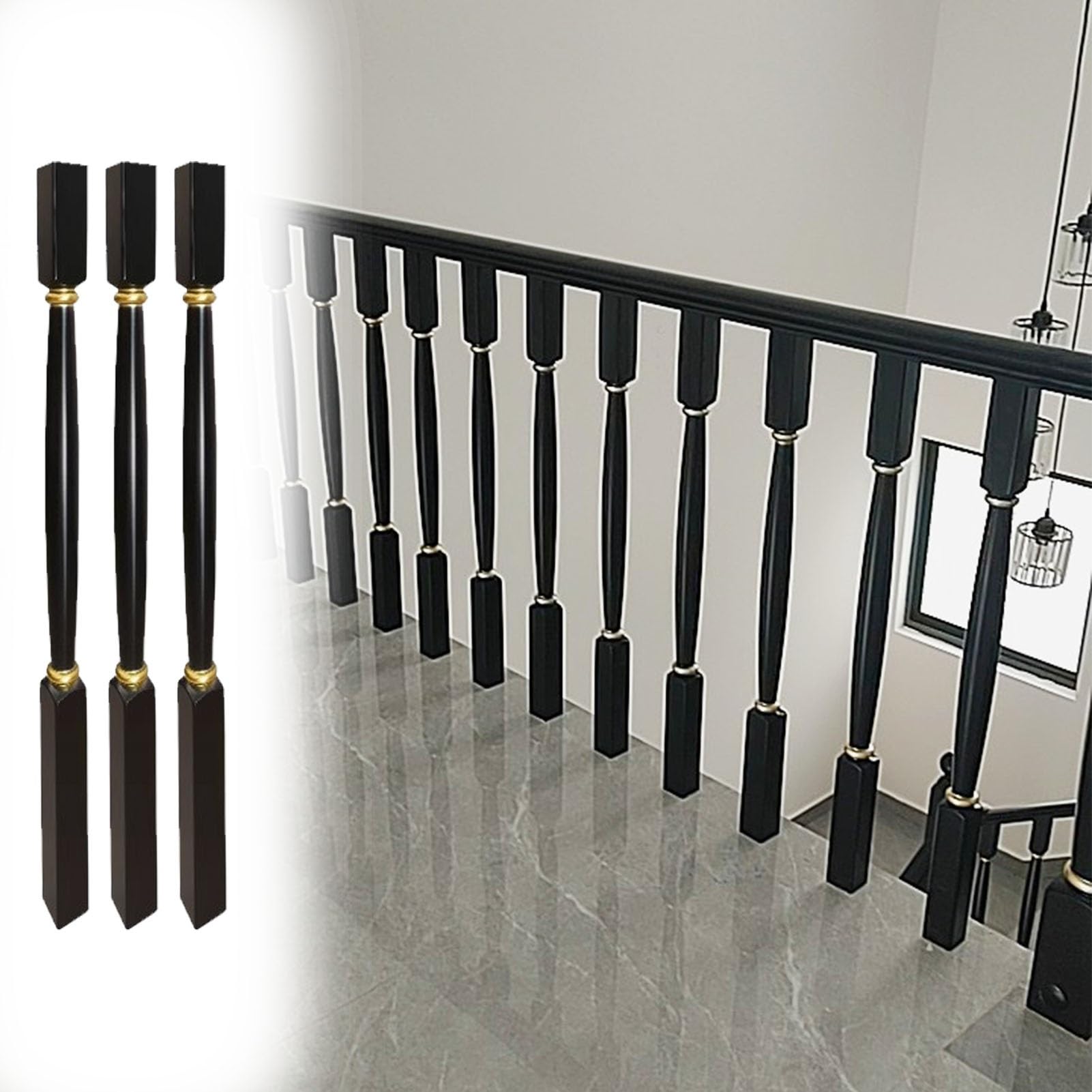 Balaustres de madera negros cuadrados de 95 cm para escalinatas