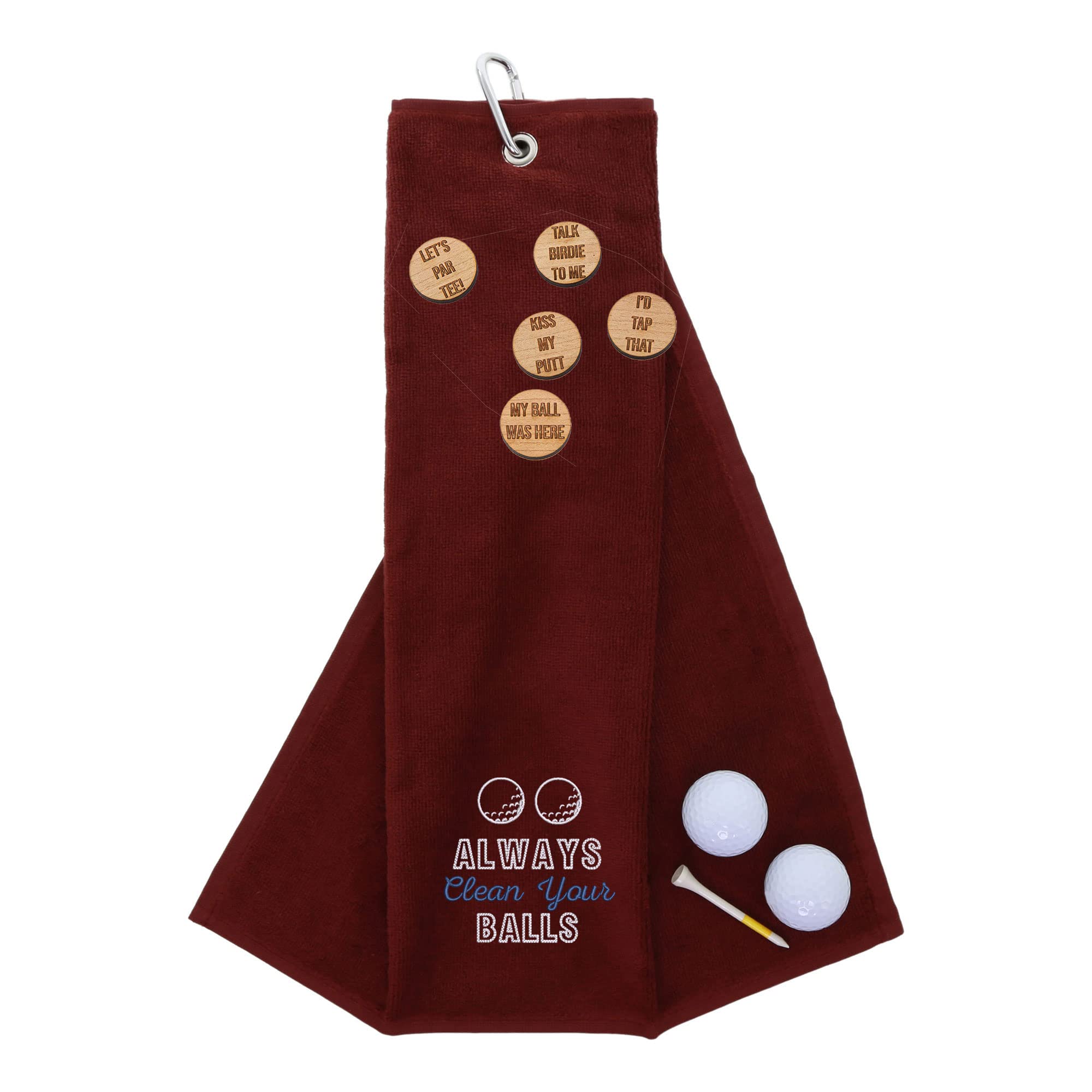 aztex Funny Trifold Golf Towel and Comedy Wooden Ball Marker Set Gift for Men, Carabiner Clip for Golf Bags, Clean Your Balls, Wine