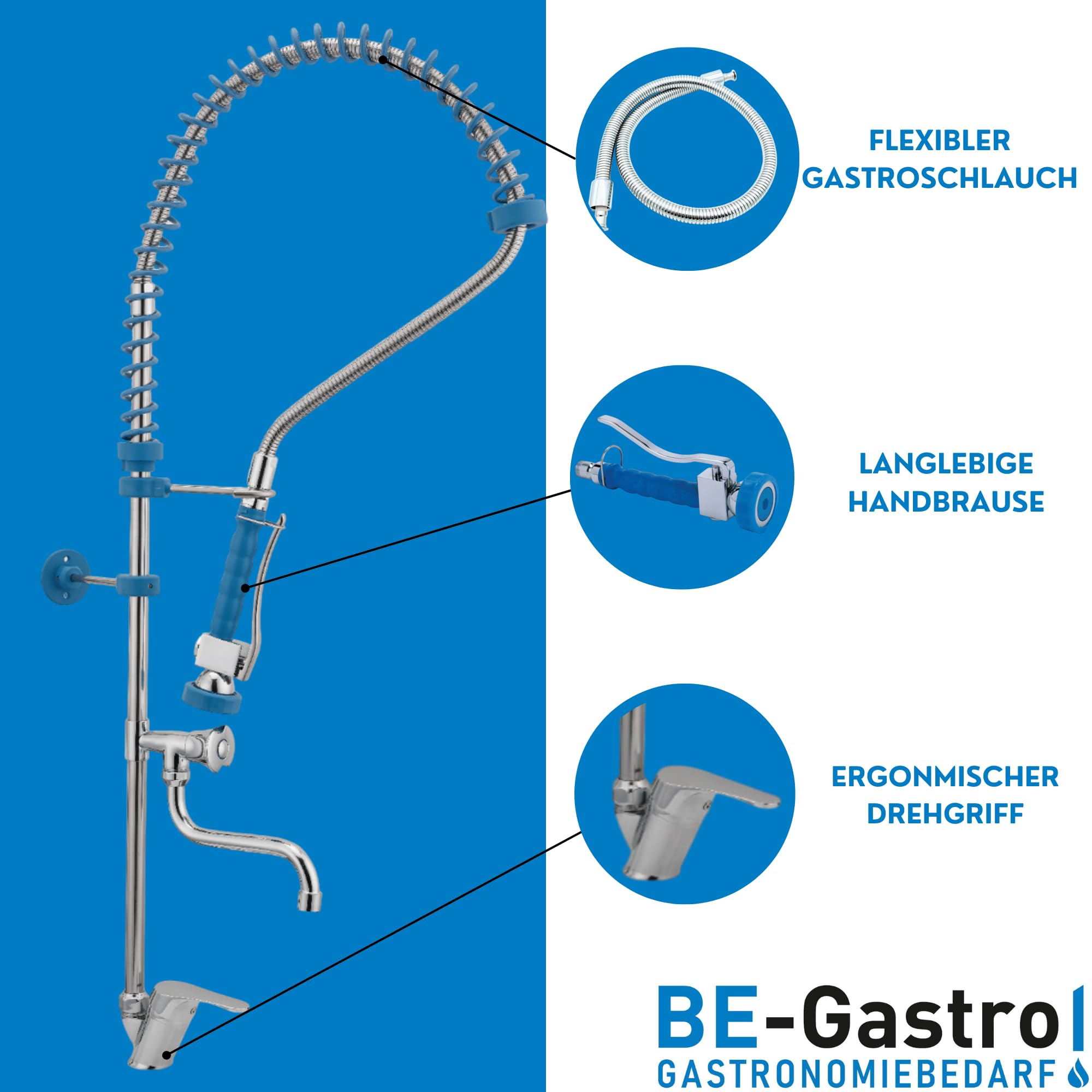 BE-GASTRO® | Profi Geschirrbrause Gastro Wasserhahn Spülbrause Hebelgriff | Gastroarmatur, Vorspülarmatur, Spültischarmatur, Küchenarmatur, Gastro Mischbatterie, 1/2 Zoll, Gastronomie, Brausearmatur