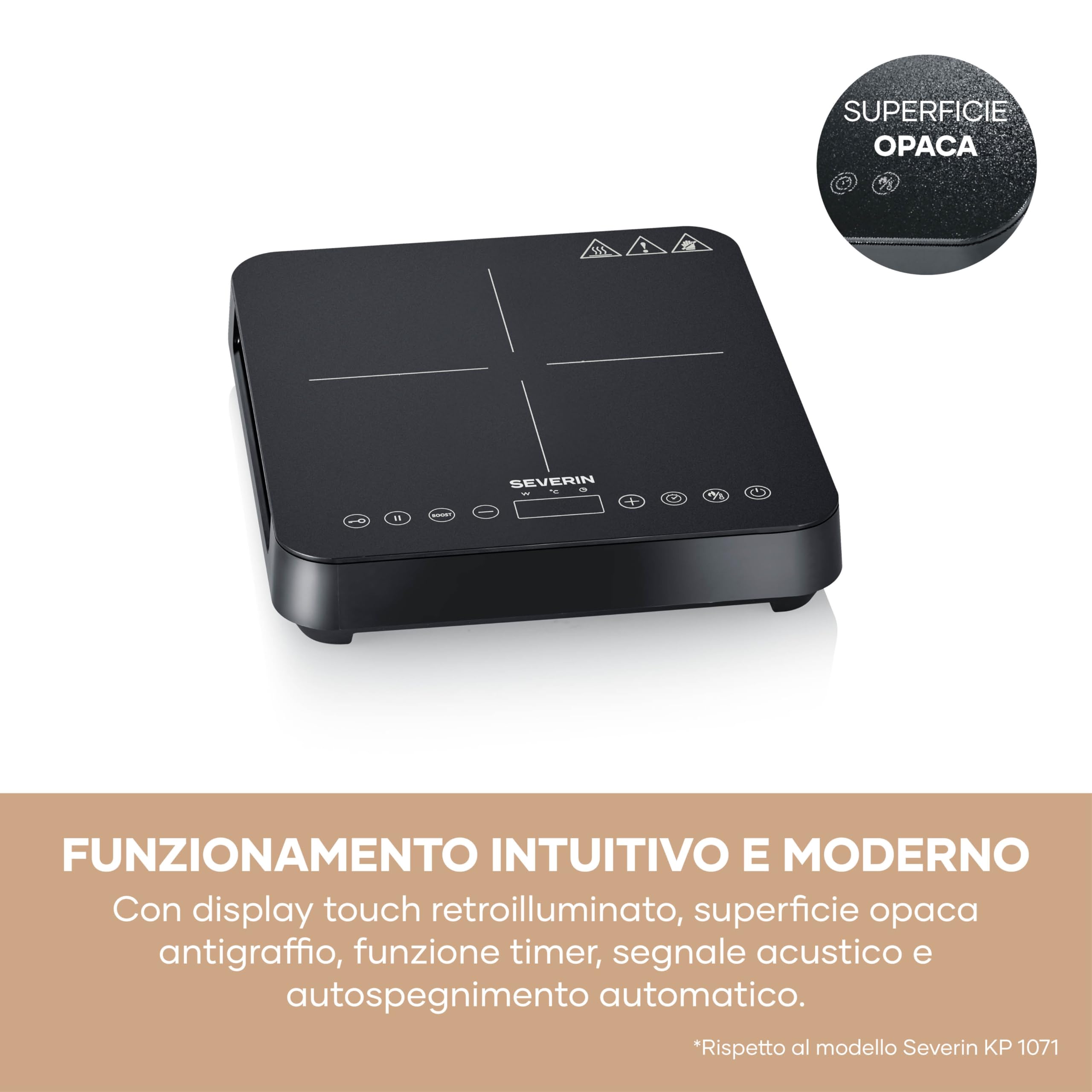 SEVERIN Piastra a Induzione Singola, Piano in Vetroceramica Antigraffio Finitura Opaca, 10 Livelli di Potenza, Touch Screen, Diametro 22 cm, Riconoscimento Pentola, 2000 W, Nero - KP 1026