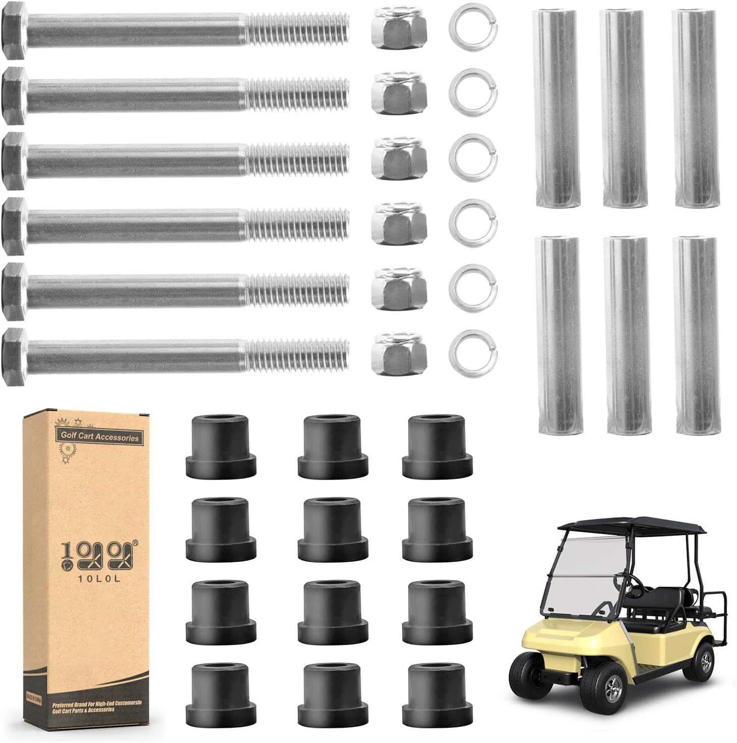 10L0L Golf Cart Front and Rear Leaf Spring Bushing and Sleeve & Screw Kit for Club Car DS Gas&Electric 1981 UP,OEM# 1012303, 1015583