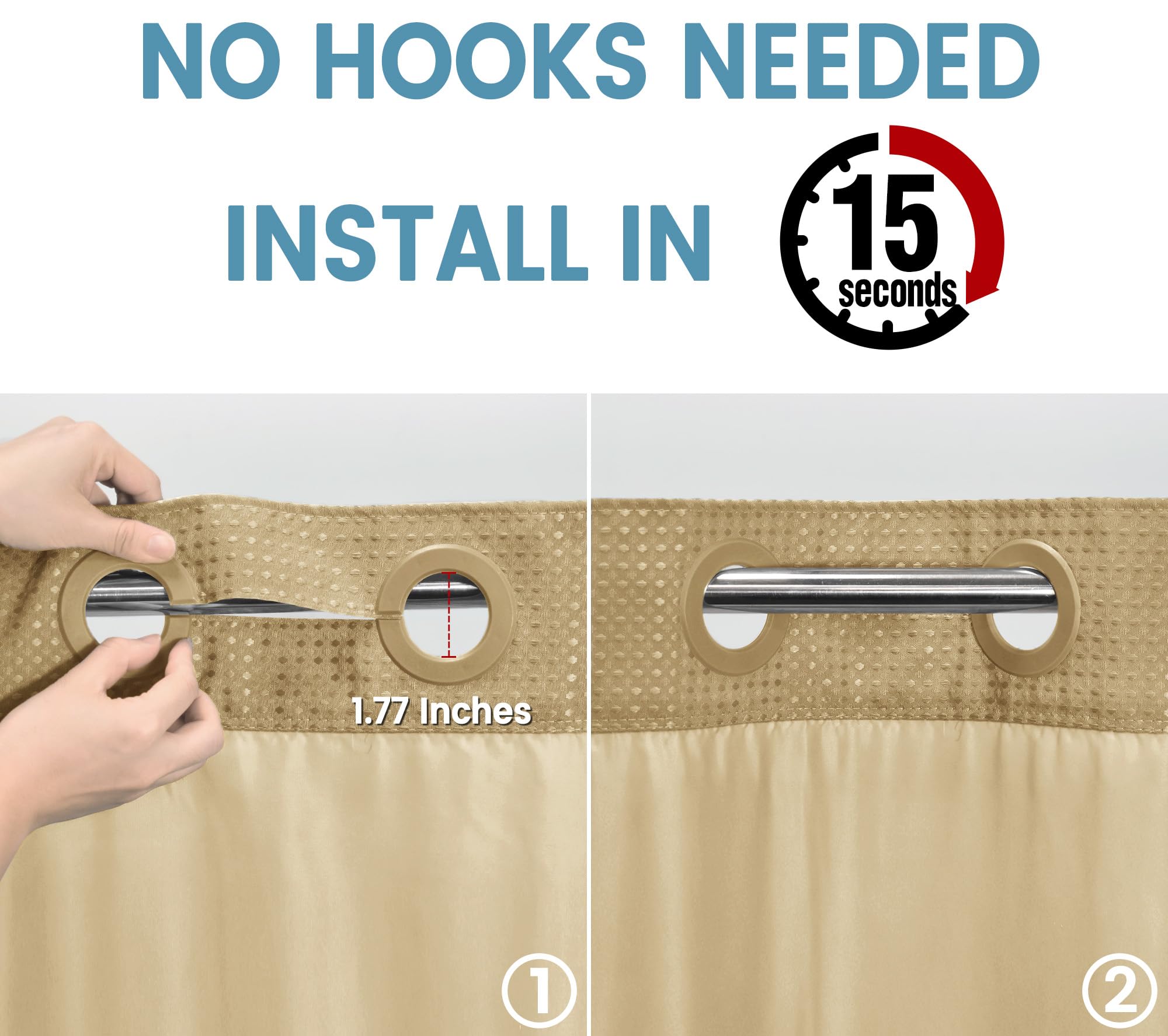 EUTXL Long Rideau de Douche Beige sans Crochet avec Doublure à Clipser, 230 g/m², Tissage gaufré pour Salle de Bain, 180 x 218 cm (l x H)