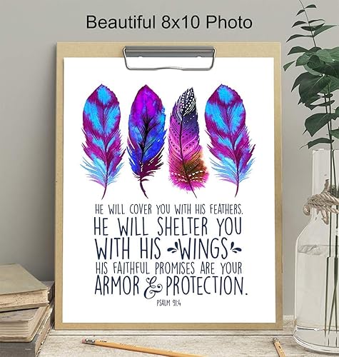 Miniatura 4 de He Will Cover You With His Feathers Wall Art - Psalm 91 - Religious Scripture Bible Verse Wall Decor - Inspirational Christian Gifts for Women,