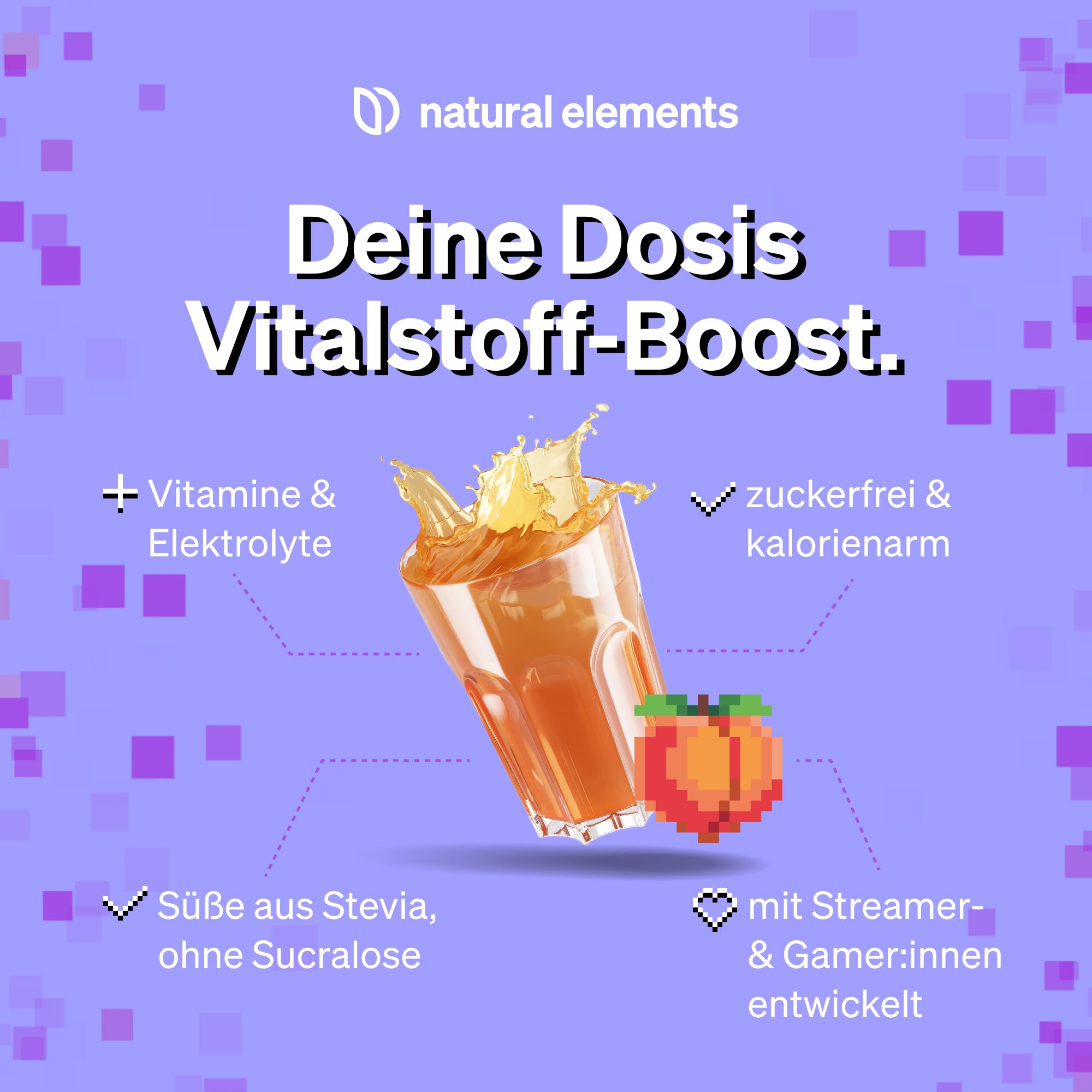 natural elements Hydration Recharge Peach Ice Tea – der Drink für Gamer – Elektrolyte Pulver & Vitamine – ohne Zucker, mit Stevia gesüßt – Getränkepulver zum Mixen – vegan, hochdosiert, laborgeprüft