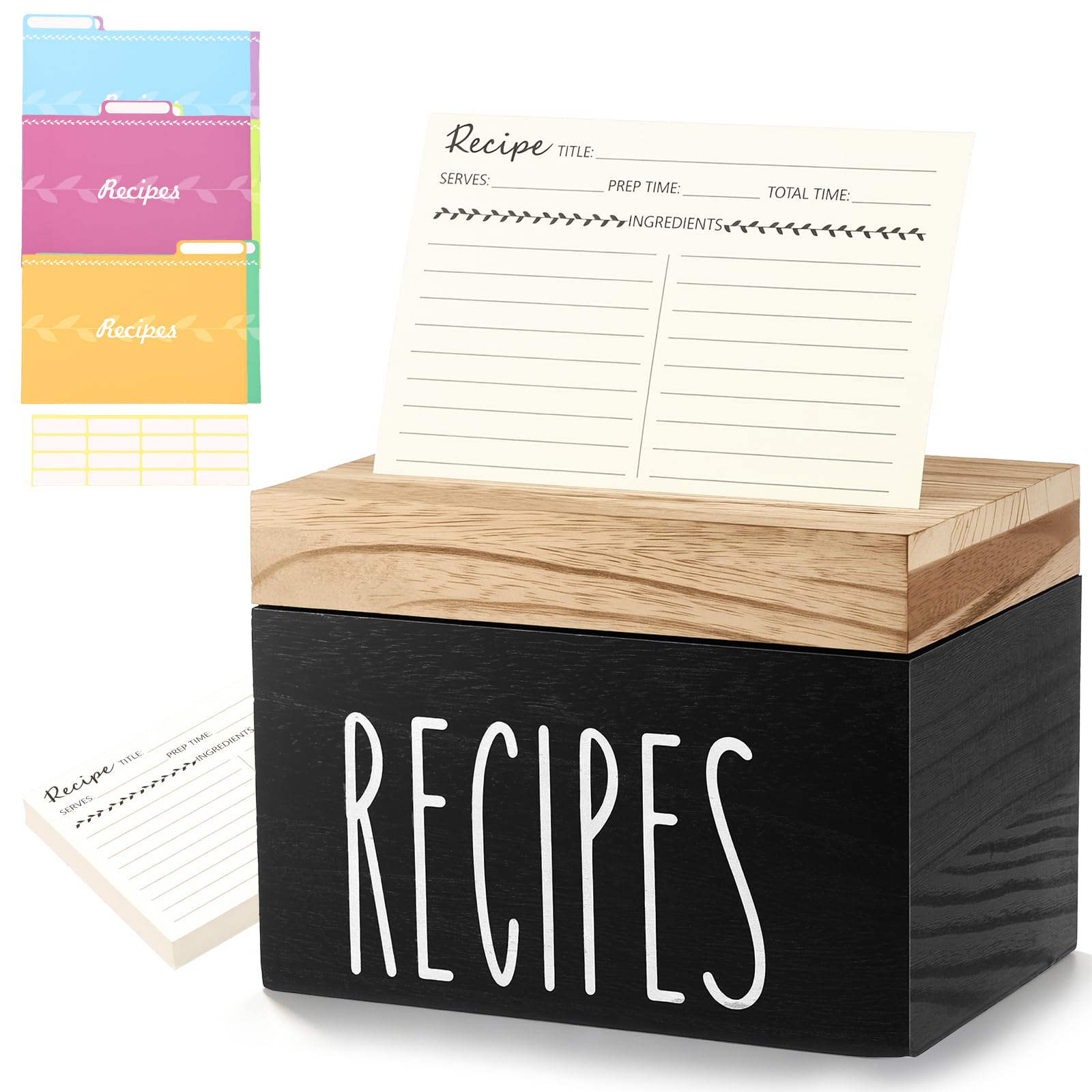 MENIBBLER Wood Recipe Box with 50 4x6 Cards and 6 Dividers, Rustic Recipe Card Holder Organizer with Lid & Slot for Kitchen Countertop, Vintage Card Storage Box, Ideal Housewarming Gifts(black)