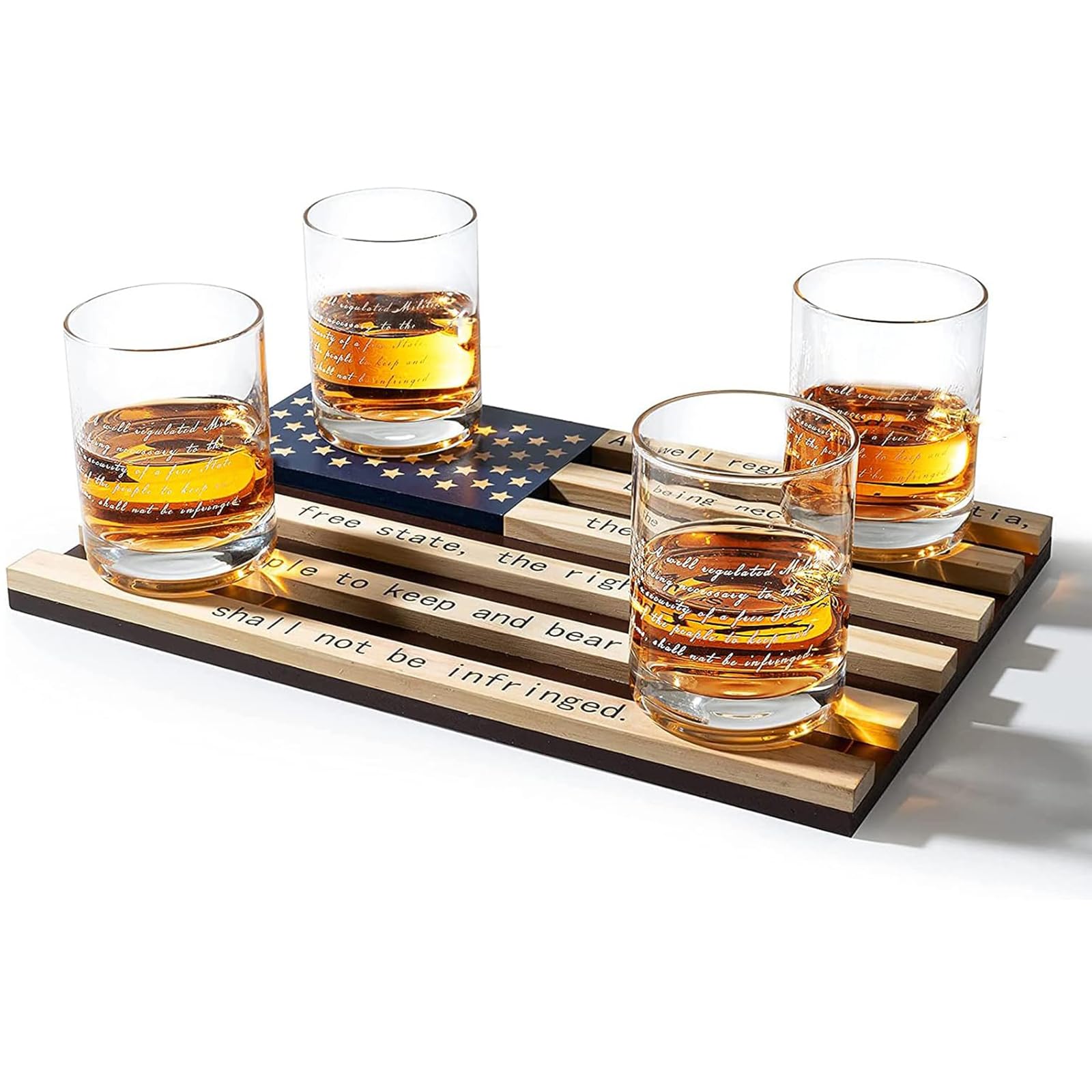 2nd Amendment American Flag Glasses, Set of 4 Hand Blown Old Fashioned Whiskey Rocks Glasses, Wood Flag Tray with Patriots Gun Rights Law & Military Gift Set