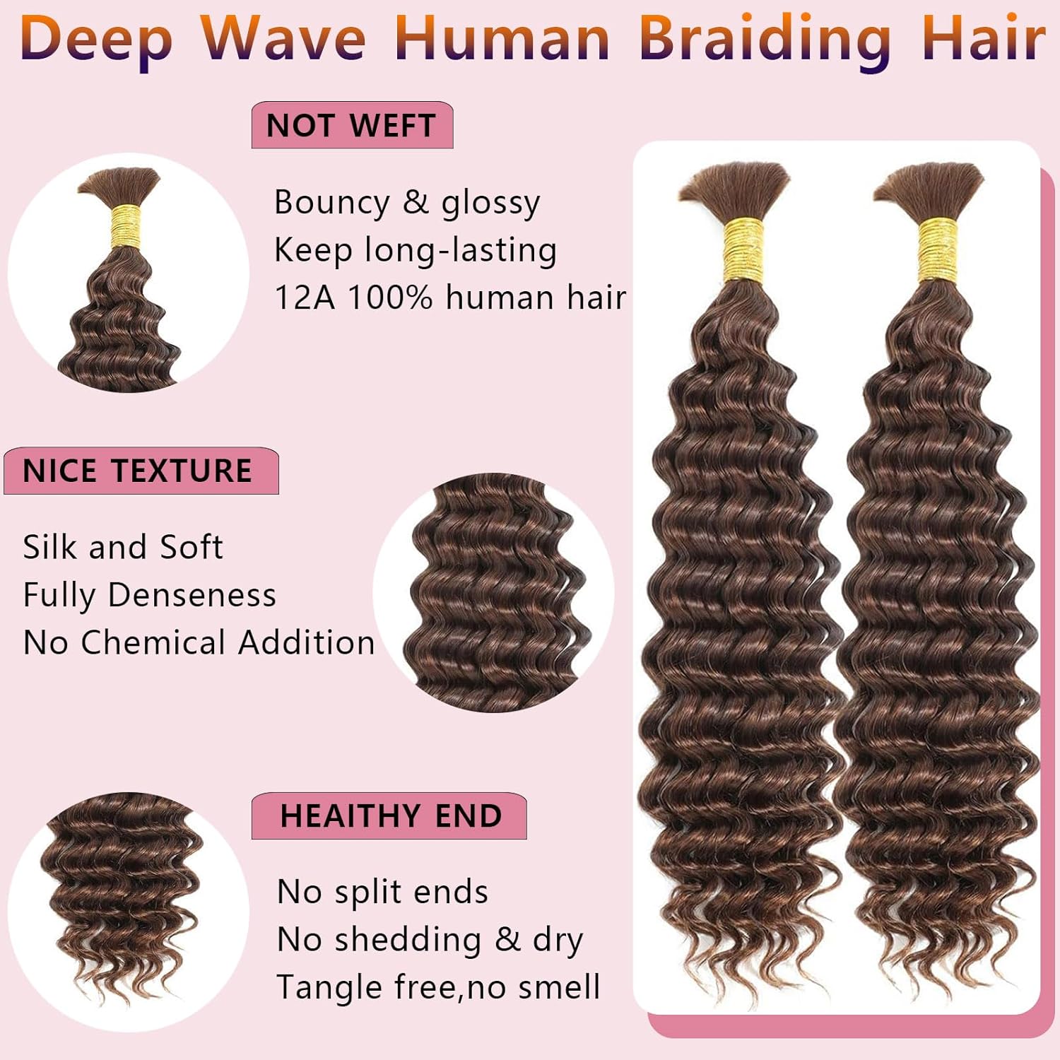 Chocolate Brown Color 4 Deep Wave Bulk Human Braiding Hair 2 Bundles 100g 22 Inch Human Braiding Hair Bundles Brazilian Virgin Curly Human Hair Extensions for Boho Braids