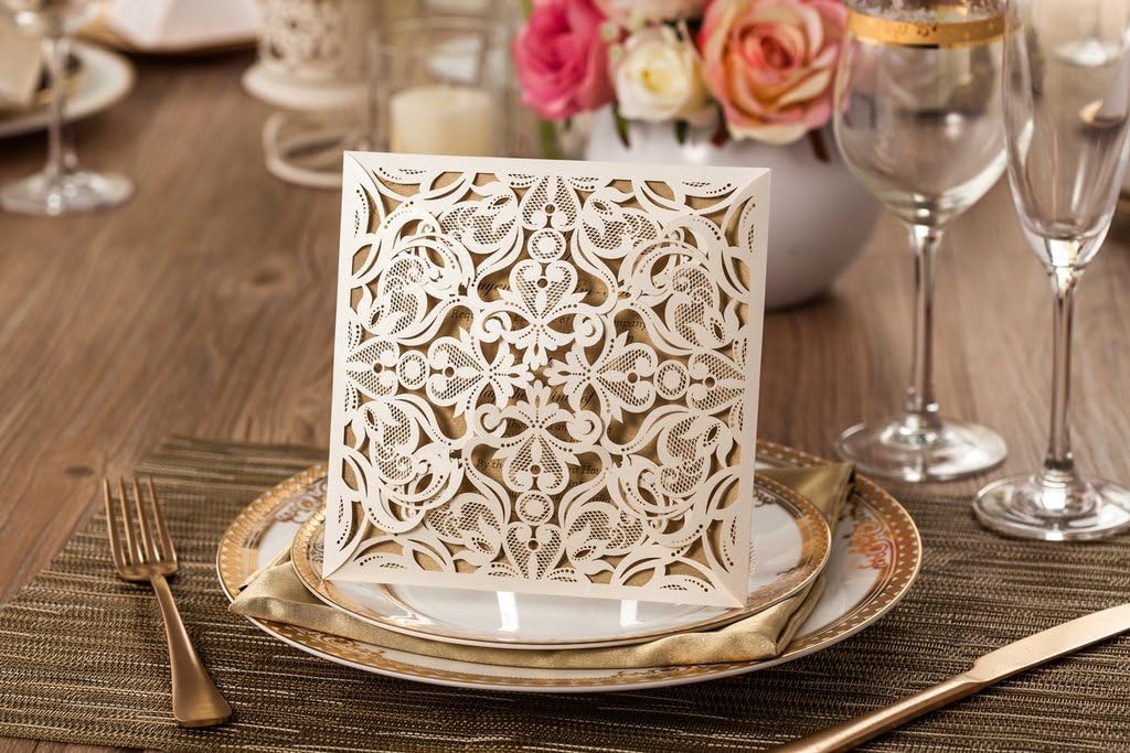 Jofanza 6.3 x 6.3 Inch 50PCS Ivory Wedding Invitations Cards with Envelopes Laser Cut Lace Flower Pattern Invites Card for Qinceanera Engagement Birthday Bridal Shower Graduation Party Invitation