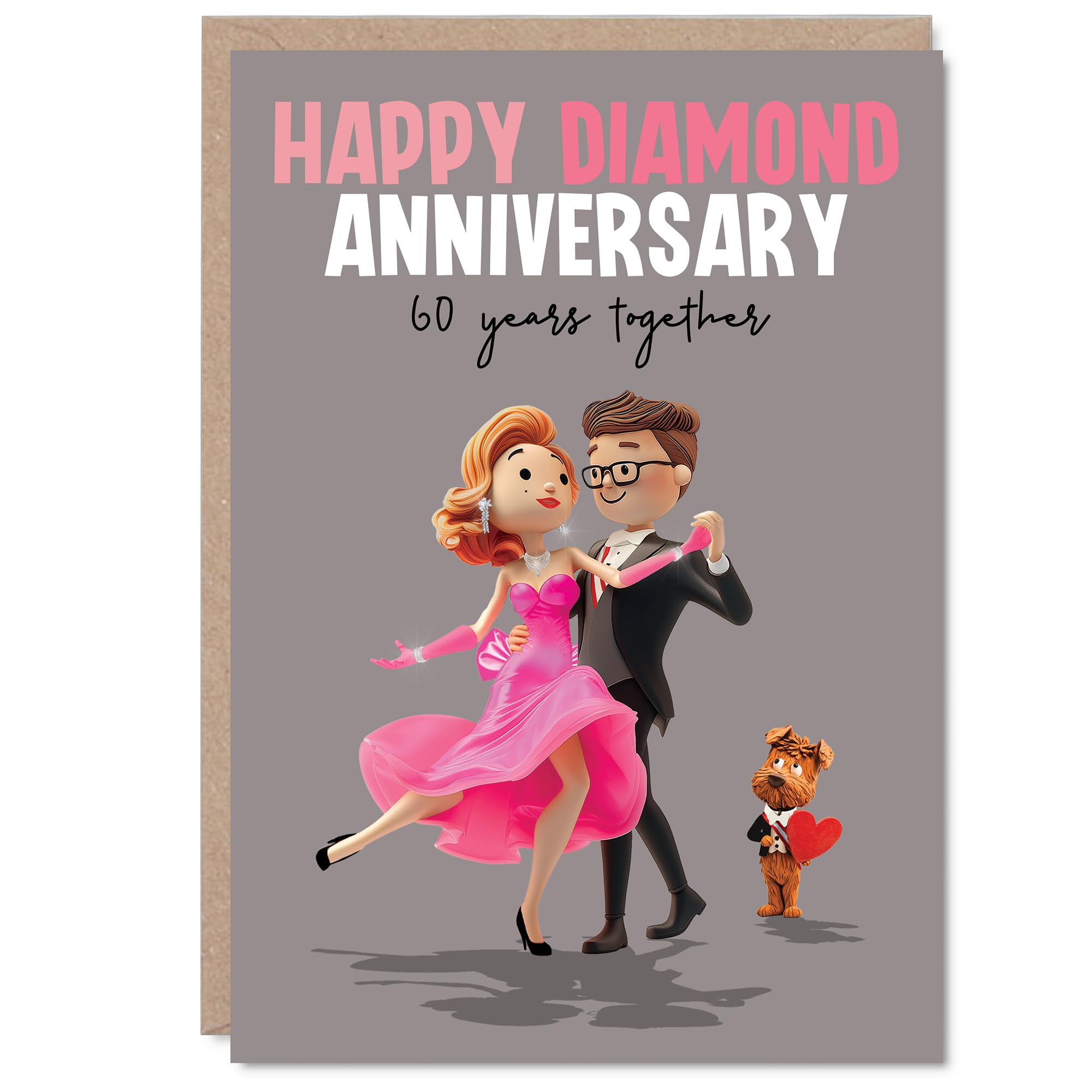Milestone 60th Anniversary Card - Cheers to 60 Years - Playful Dancing Couple Illustration in Pink and Grey - A5, Envelope Included