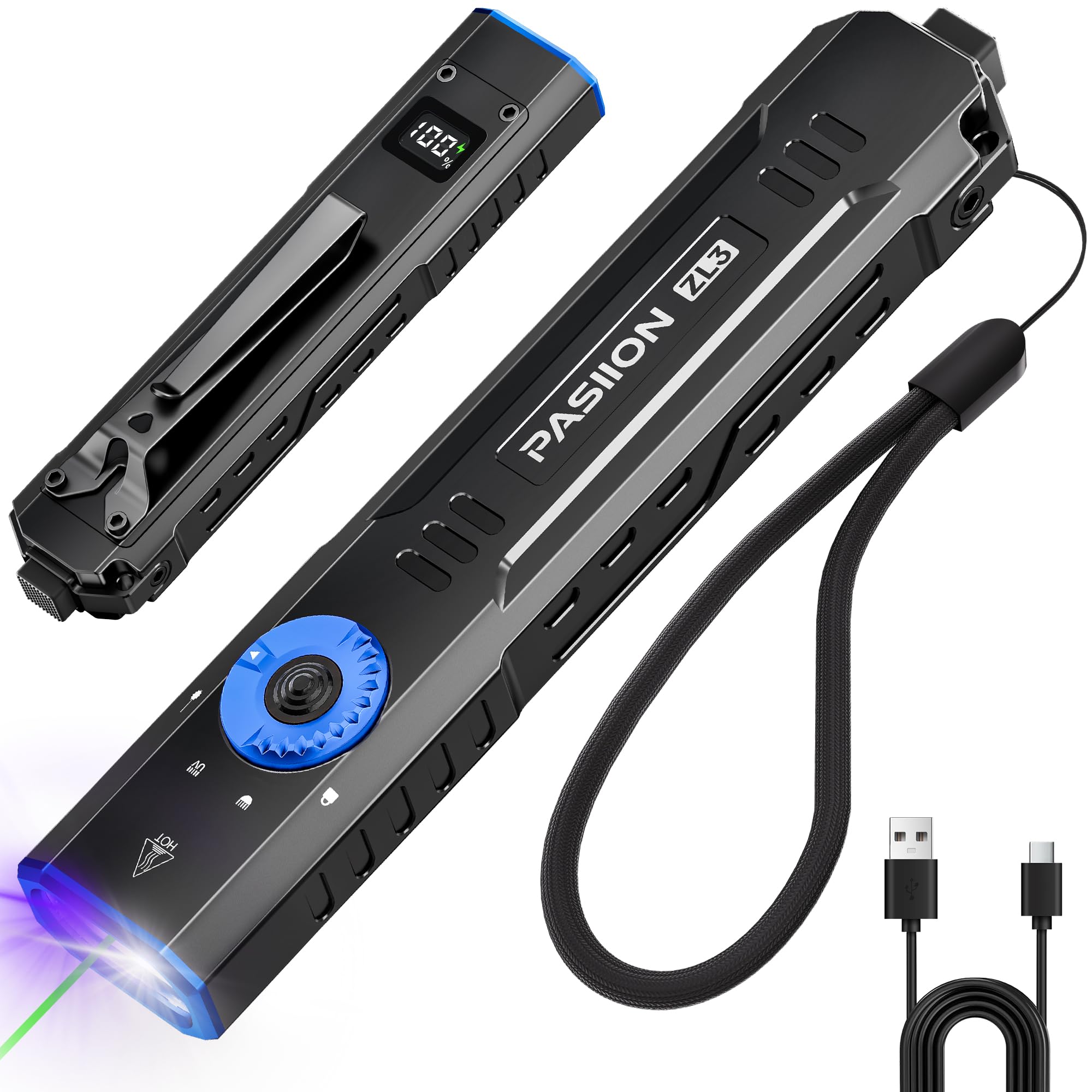 PASIION Wiederaufladbare EDC Taschenlampe, flache taktische kompakte Taschenlampe mit grünem Strahl