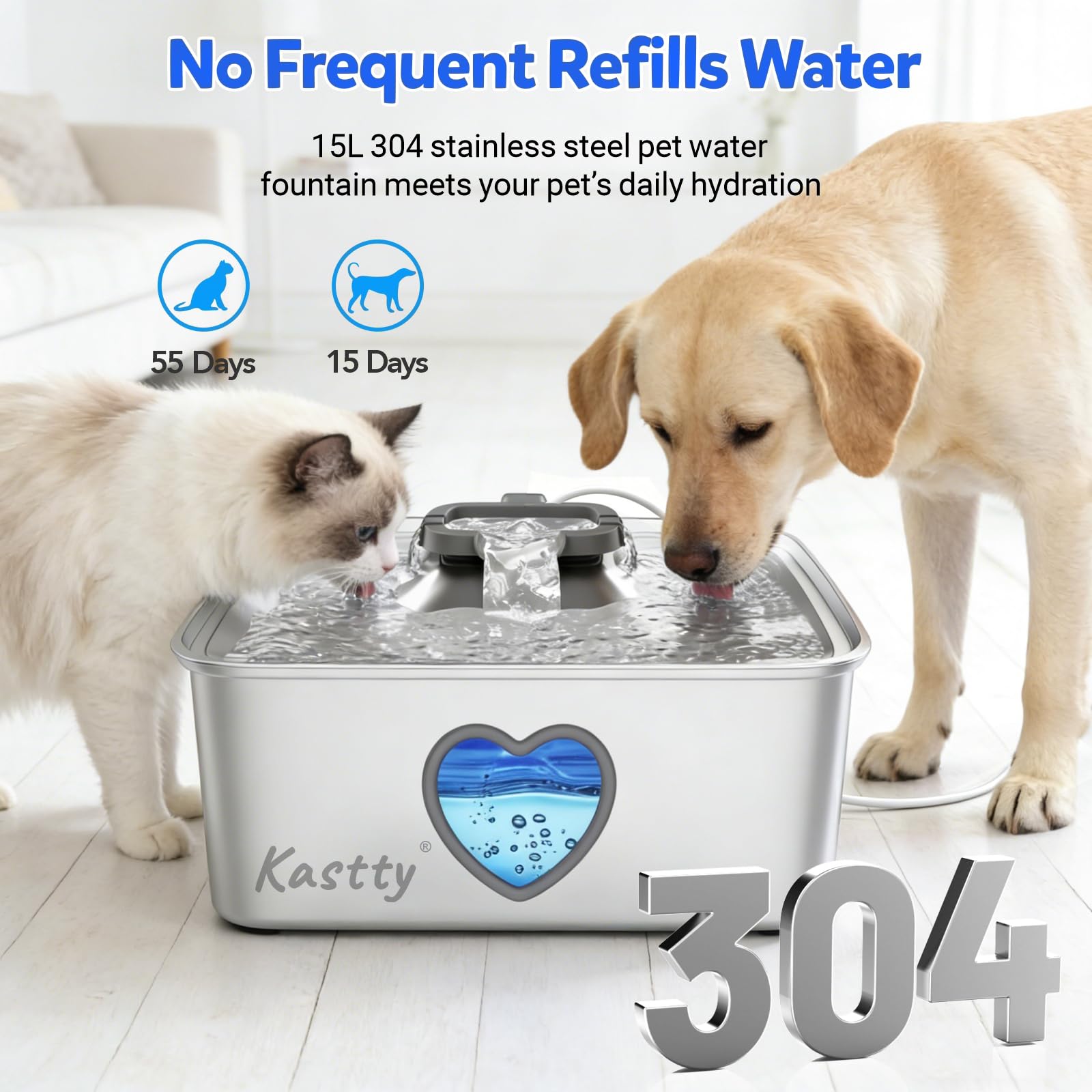 Kastty Fuente de agua para perros de 15L/4 galones, dispensador de cuenco de agua de acero inoxidable de filtración de 5 etapas, fuente de agua súper silenciosa para mascotas, con ventana de agua y