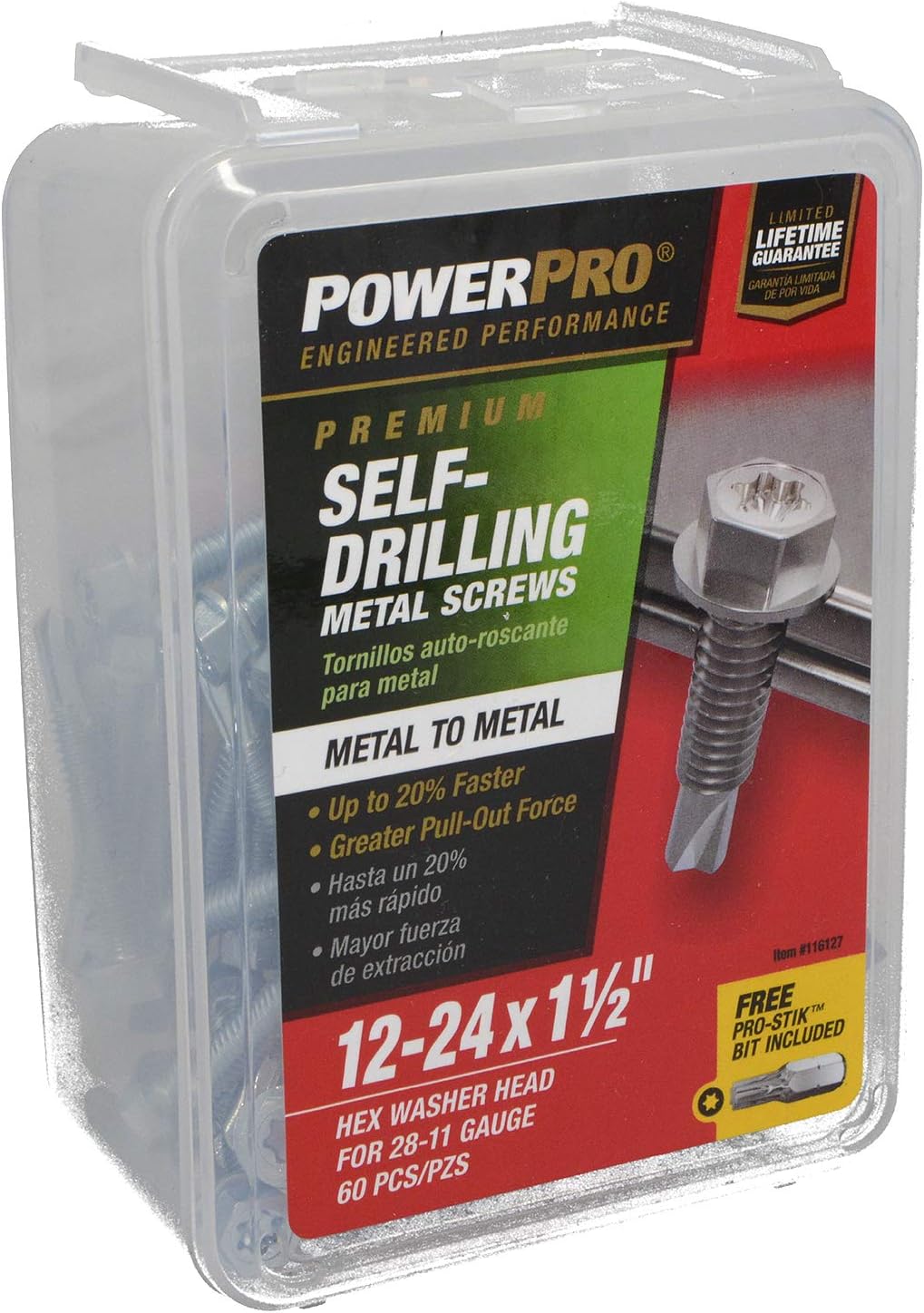 Power Pro Premium Self-Drilling Metal Screws, Zinc Plated Steel, Hex Washer Head Metal to Metal Winged Point Screws, Silver, #12 x 1-½ inches, Box of 60 Screws
