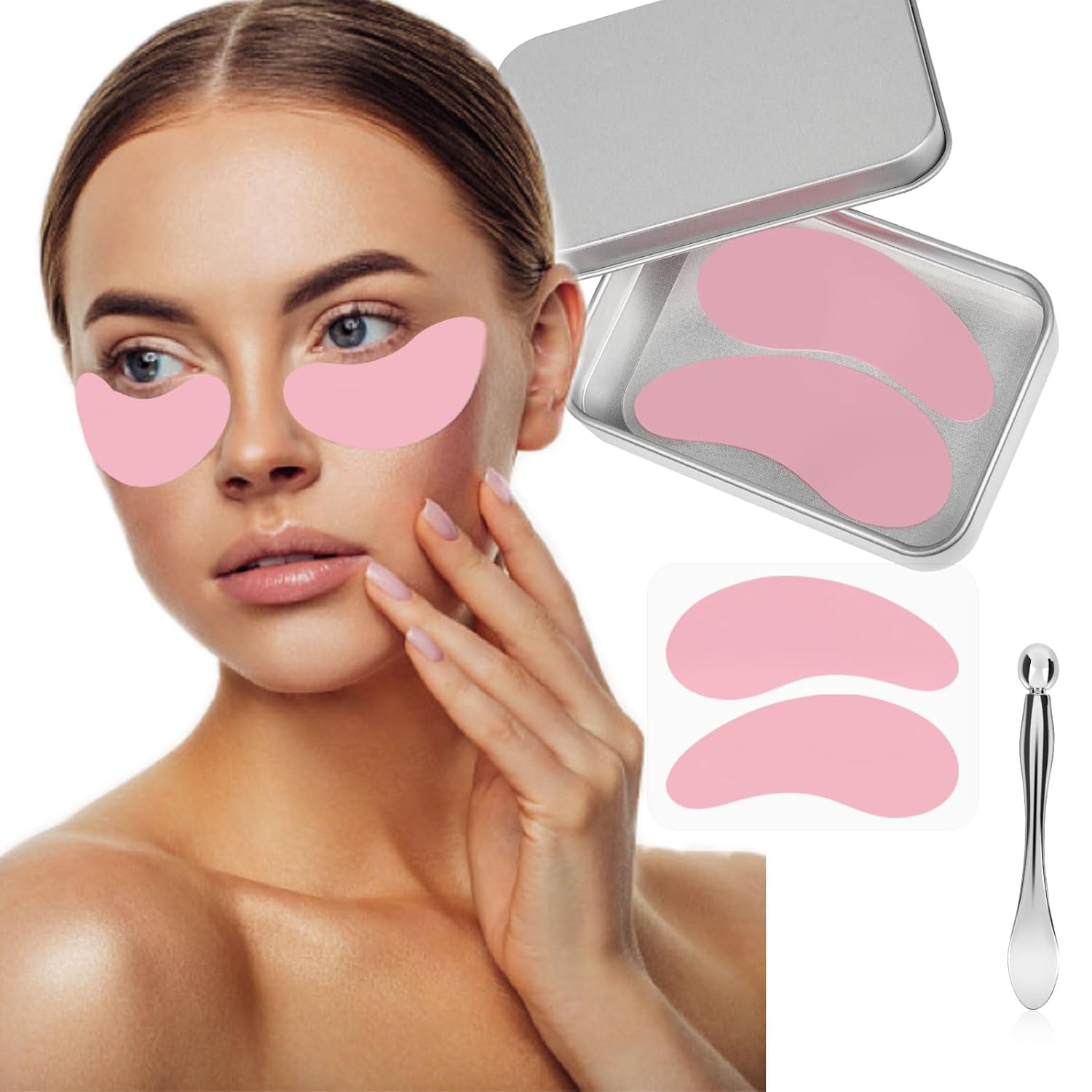 Under Eye Patches, Reusable Under Wrinkle Silicone Mask Pink, Plump Fine Lines & Wrinkles with Metal Eye Cream Applicator, Tin Case